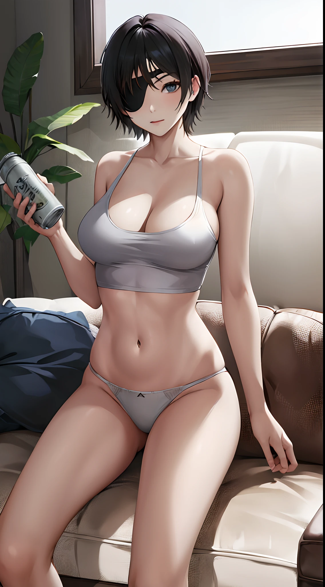 masterpiece, best quality, highres, hmn1, eyepatch, breasts, white_tank_top, underwear, panties, midriff cowboy shot, indoors, holding_can, sitting, sofa,