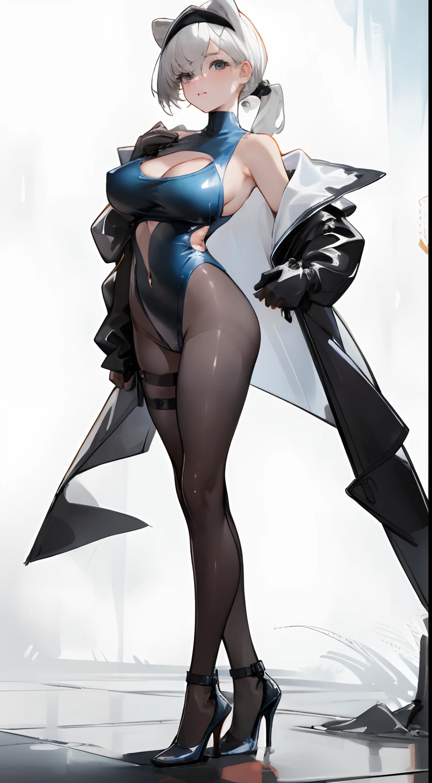 Bigboobs,cropped shoulders,Deep V one-piece swimsuit,Leather clothes,White knee-length stockings,High ponytail,Stand up,see-through raincoat,high-heels