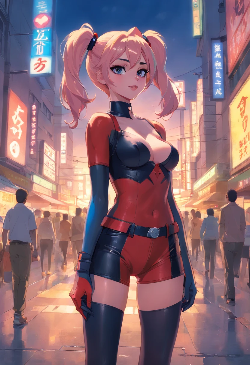 Harley Quinn、cuerpo completo、Enormes piernas hermosas、tetas medianas, Apertura de piernas、Pelo pubick、Debajo del cabello、cabello、babeo、apretar los senos, black latex pants, rodeada de hombres musculosos, hombres agarrando a Harley Quinn