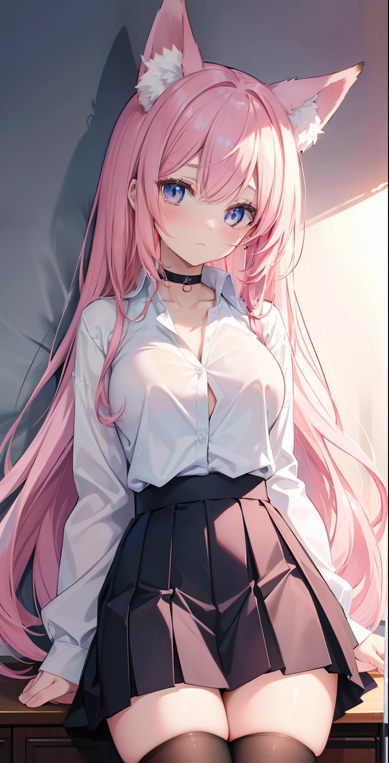 high quality, master piece, ultra-detailed, School uniform, Very short skirt, unbuttoned shirt, Black stockings, pink panties, Choker, headboard, 1 girl, alone, peaceful expression, long pink hair, Charming blue eyes, fox ears, , big breasts, school