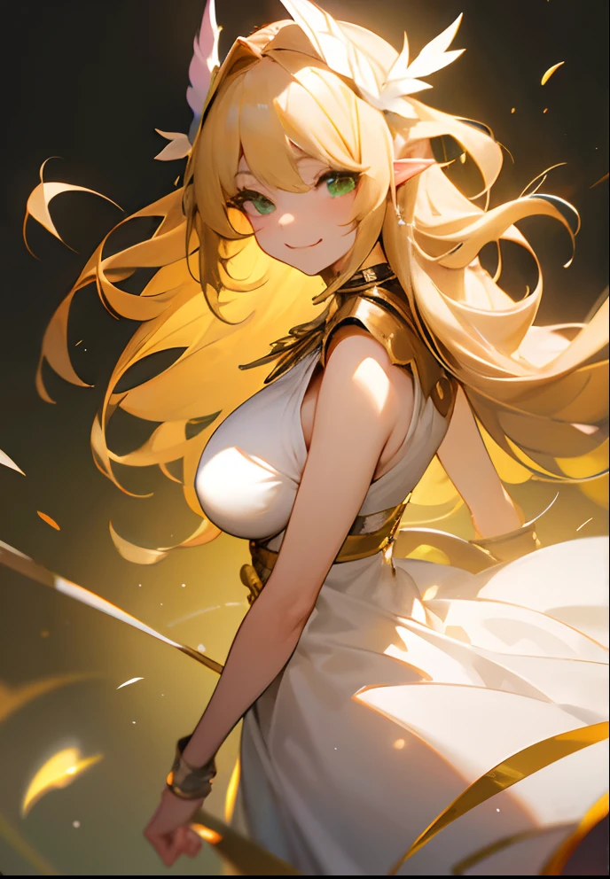 Blonde Elf Princess、tiarra、MKSKS style、Solo、(highly detailed back ground:1.0)、(highly detailed back ground:1.0)、masterpiece、top-quality、超A high resolution、in 8K、upper Shot、(1/2 Gold and 1 Gold/2 Silver Long Hair)、BREAK、Detailed skin、glowy skin、A detailed eye、Green eyes、Burning cheeks、Laughing、Large breasts、BREAK、White Dress:1.2、Dress with open chest、Detailed clothing、looking in camera、Strenuous movements