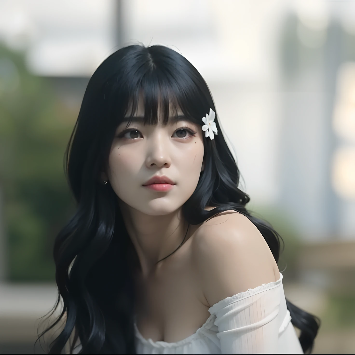 There is a woman with long black hair and a white top, Ela tem cabelo preto com franja, Bae Suzy, Sui Ishida com cabelo preto, O corte Hime, Mulher sul-coreana bonita, iu lee ji-eun as a super villain, preto hime corte cabelo, Atriz coreana bonito, japanese live-action movie, ainda de um filme live action, suzy, lee doona.
