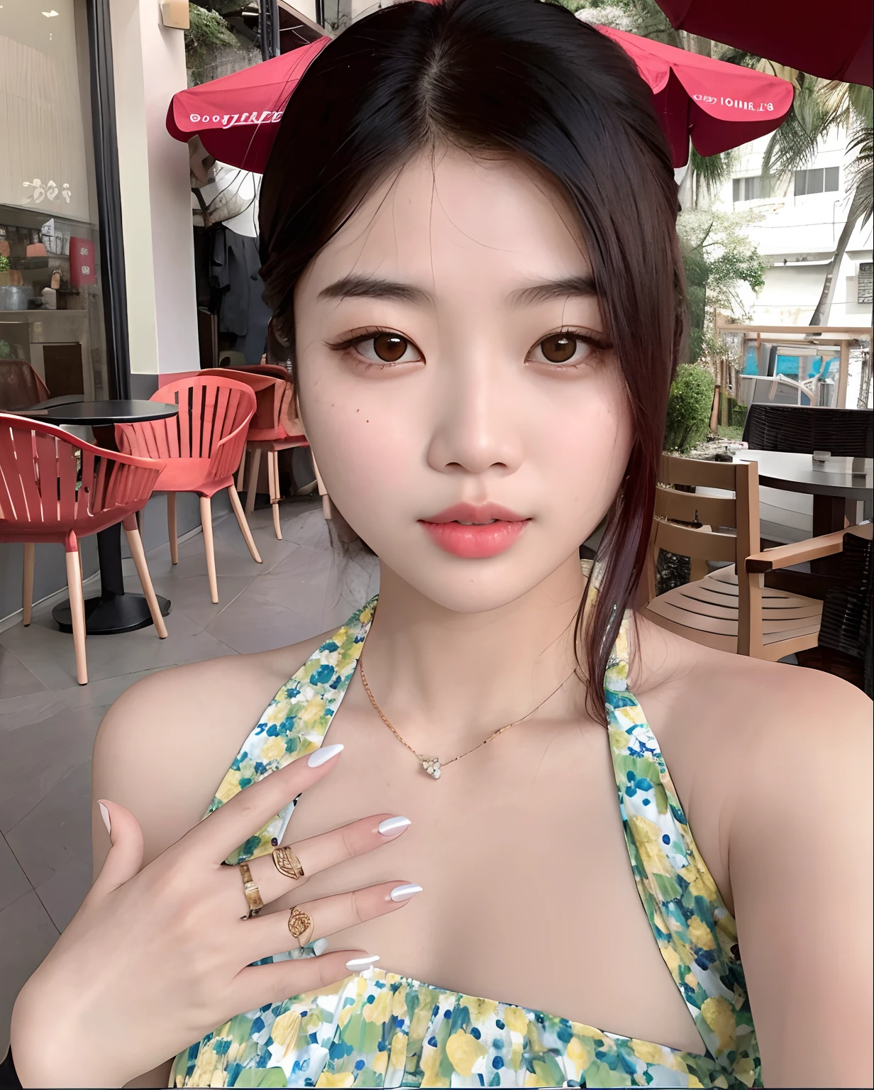 There is a woman with a ring on her finger and a necklace around her neck, young cute wan asian face, south east asian with round face, Jaeyeon Nam, Jinyoung Canela, Beautiful Asian girl, Mulher sul-coreana bonita, young adorable korean face, menina coreana, asian features, Ulzzang, young asian girl, linda mulher coreana jovem, mulher coreana jovem bonita, Bae Suzy, lee doona, jennie