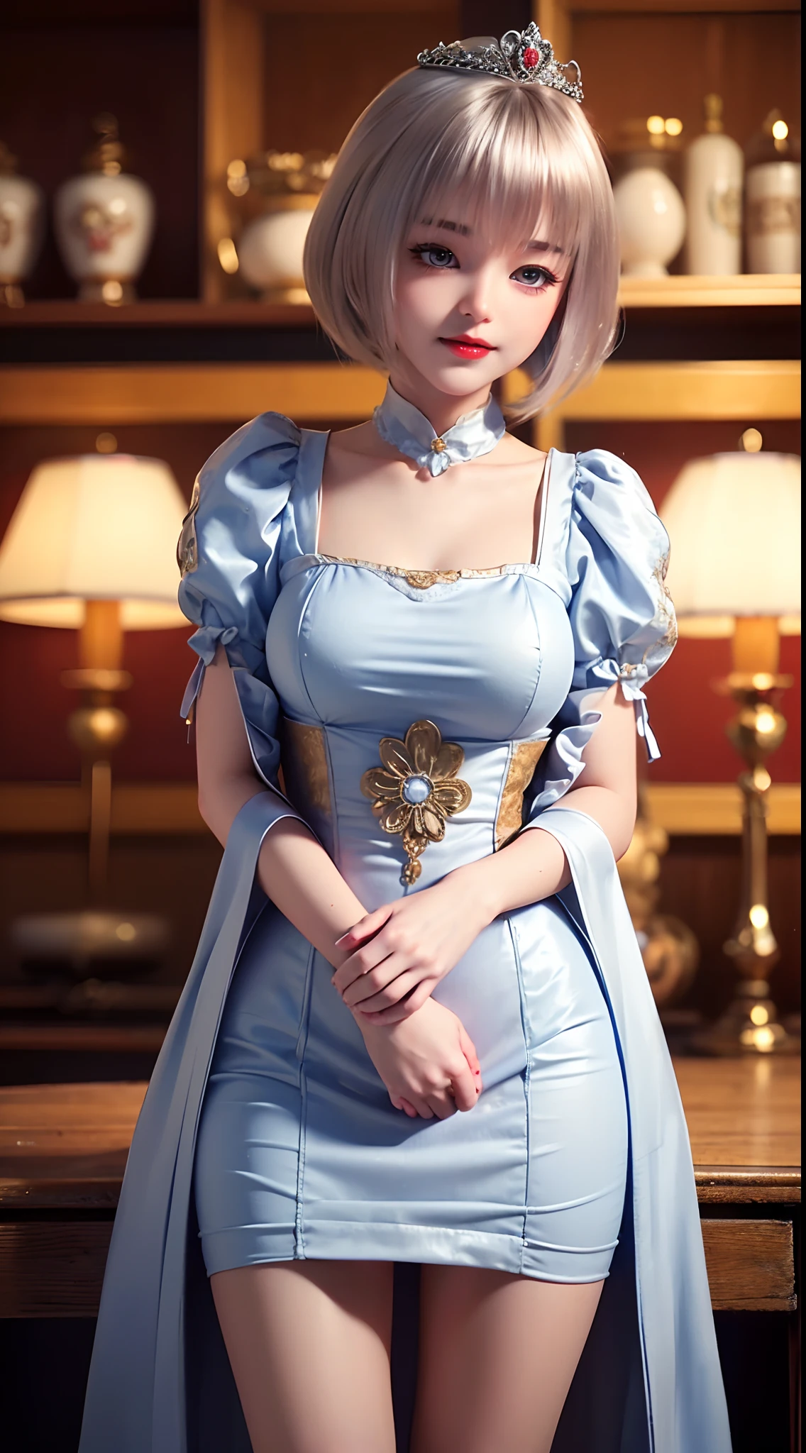 1 beautiful girl, ((wearing a beautiful antique princess dress:1.2)), hanfu style, short neck length platinum hair, the very shy girl looks so lovely, her face was small and flawless, Her cheeks were red from embarrassment, big round sparkling eyes, black pupils, silver eyes, long eyelashes with wet makeup, cute little lips, (((mouth closed and not smiling:1.5))), perfect body, big and super round breasts, arms clasped behind her,balanced body, perfect body, long smooth white bare legs, ((frontal portrait:1)),