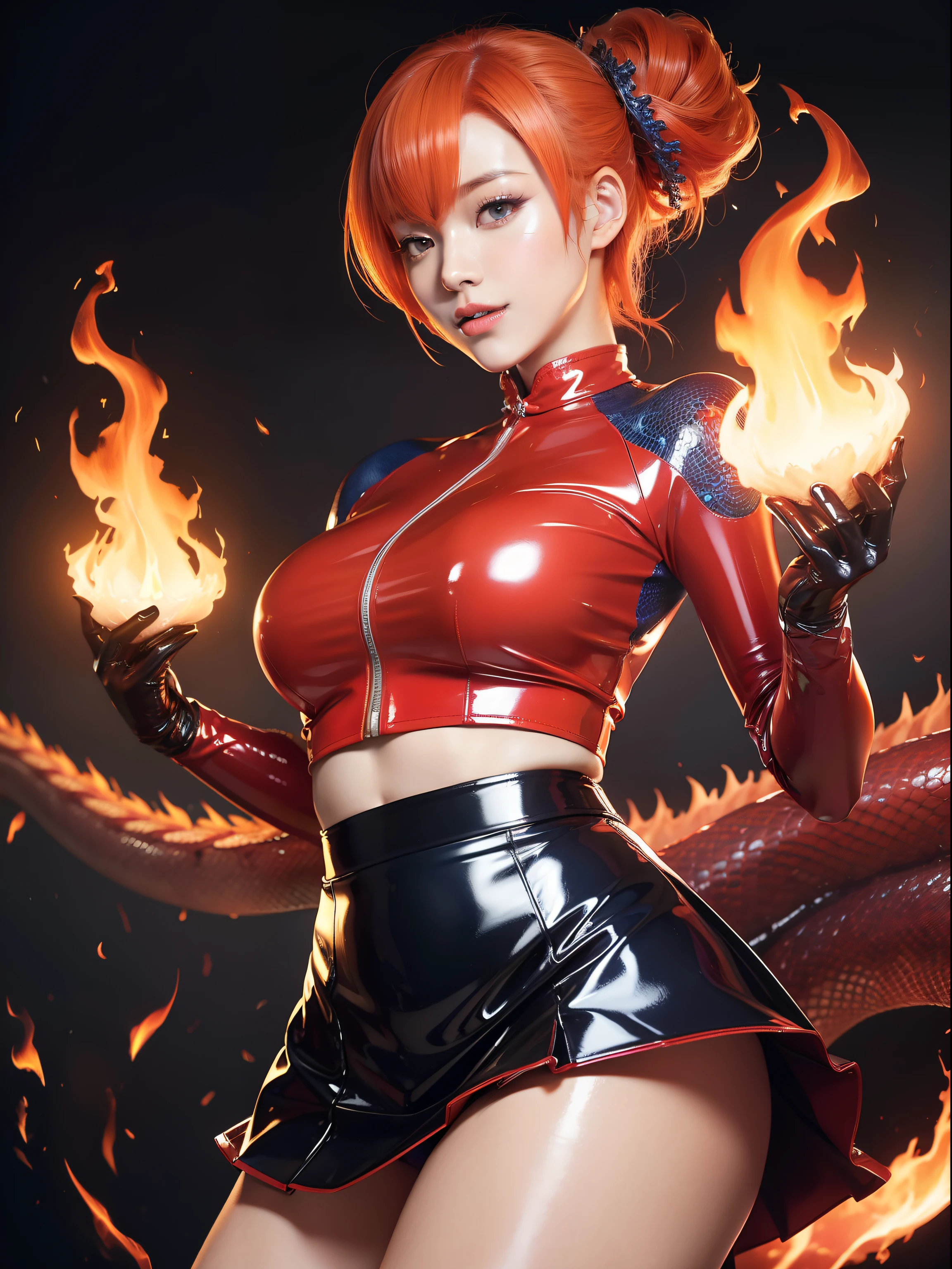 masutepiece,A hyper-realistic,32K,the Extremely Detailed CG Unity 8K Wallpapers, Best Quality,(beautiful japanese female),short-hair,((Latex skirt with a mixture of pale red and blue)),(((Dragon Scale Skin))),Cramped latex,Skin fit,(low angles), Flashy makeup,(Film Overlay:1.3),Mouth open,A smile,Gichigichi,Latex Gloves,(((flame hair)))