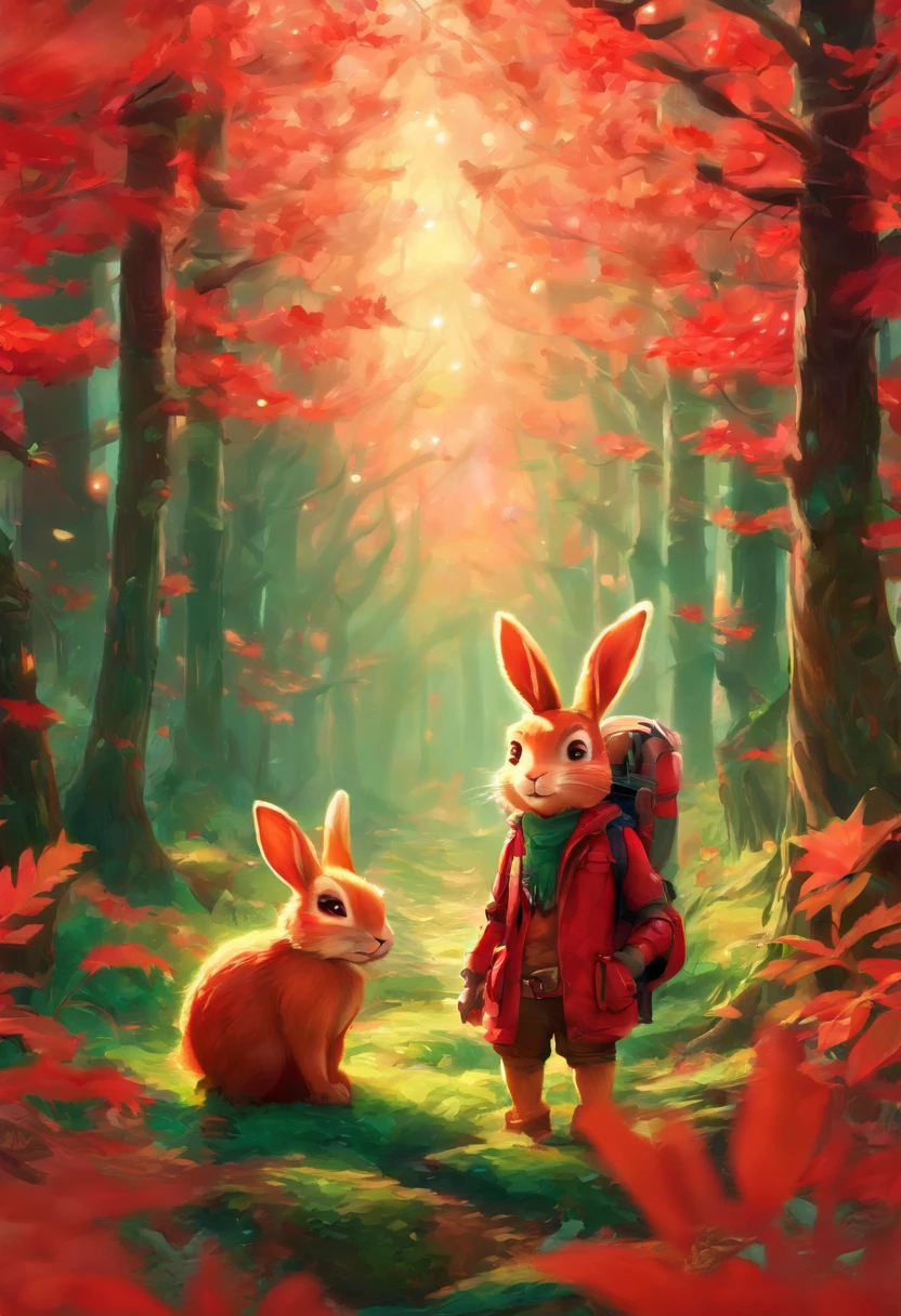 a 3D render (Photograph of an adventurous bunny sister standing on an autumn foliage trail), anthropomorphic turtle,full bodyesbian,Rear view,Side view,hairy, Clear and beautiful face, Big green bright eyes, Binoculars hanging from her chest, Sister Rabbit wears a green fashion adventure outfit, Red hiking boots on his feet, , cute ears, Red and green camping hats, fashionable sunglasses, Carry a green shoulder bag with you, trowels, camping equipment, A compass associated with many adventure tools, Curious to explore expressions, Cartoon, 4D, Fox,Cartoony, Background: Autumn Leaf Forest Trail Red Forest, autumn forest, red illuminating fog, In a red dream, really beautiful forest, Beautiful forest, Beautiful hazy wood, Red shade spray, Breathable and beautiful trees, breath-taking beautiful trees, red fog, beautiful forests and trees, Bright but dark red, red trees,concept art of character,Photography,Clear facial features,A beautiful painting by Alphonse Mucha,Pixar style,Cartoon style,beatrix potter (beatrix potter) 's illustration,Furuhiko artwork,Masterpiece,Matte painting,dreamlike realism,magic realism,Dreamlike,author:Owen Blumenfeld,petra collins,author:natalia drepina,Dreamy atmosphere,Whimsical atmosphere,Ethereal atmosphere,Romantic atmosphere,illusory engine,Quixel Megascans Render,v-ray,UE5,High detail,hyper qualit,high resolution,trending on artstationh,8K16K,hyper photorealism,Depth of field (degrees of freedom),cinema shot,Beautiful lighting, --AR 9:16 --style raw --uplight