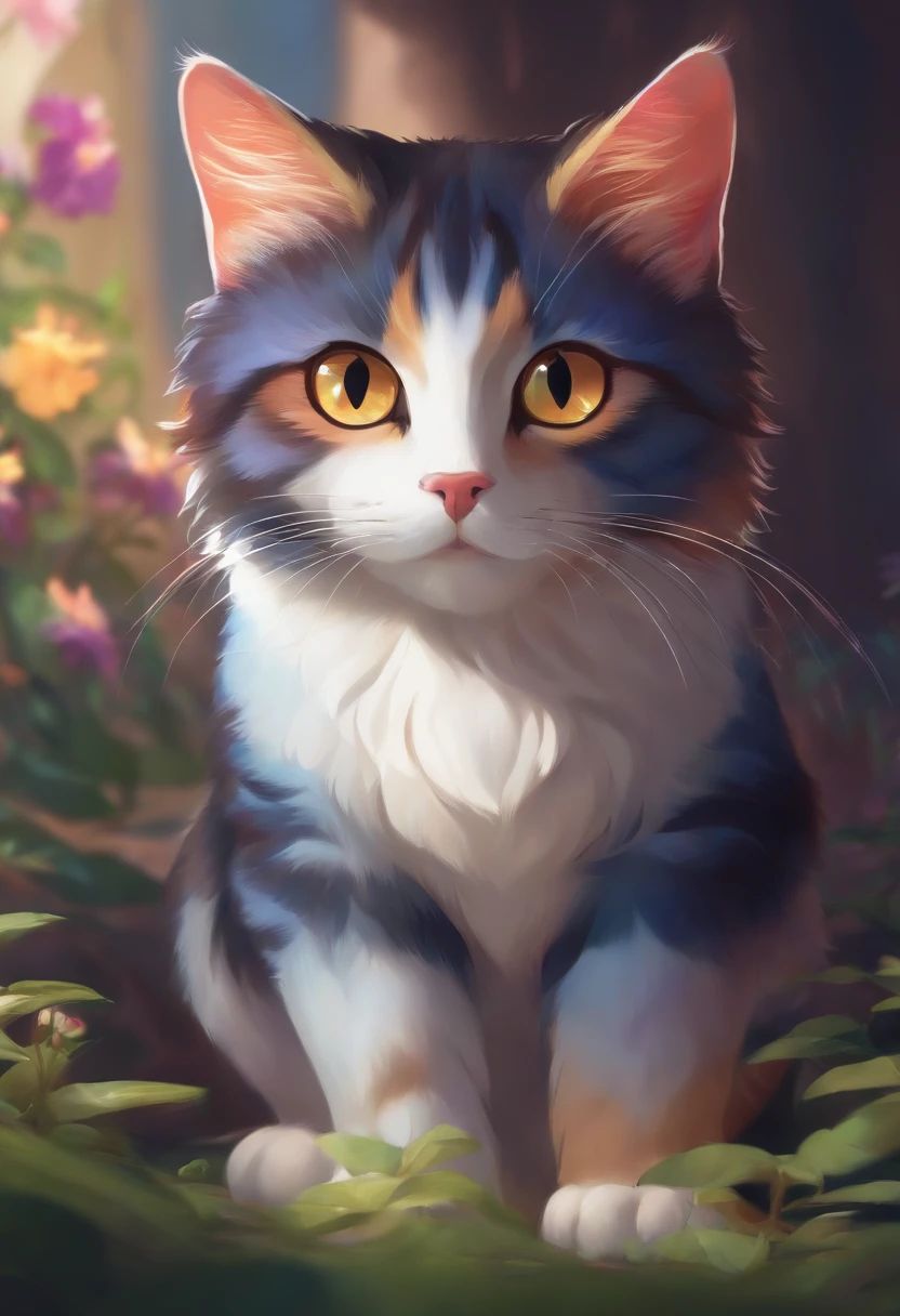 A colorful cat stares straight ahead, Multi-dimensional art style, Royal background, 16K HD wallpaper,top-quality,Ray tracing,ghibli artstyle,Anime Real Cat - Animal Concept Art