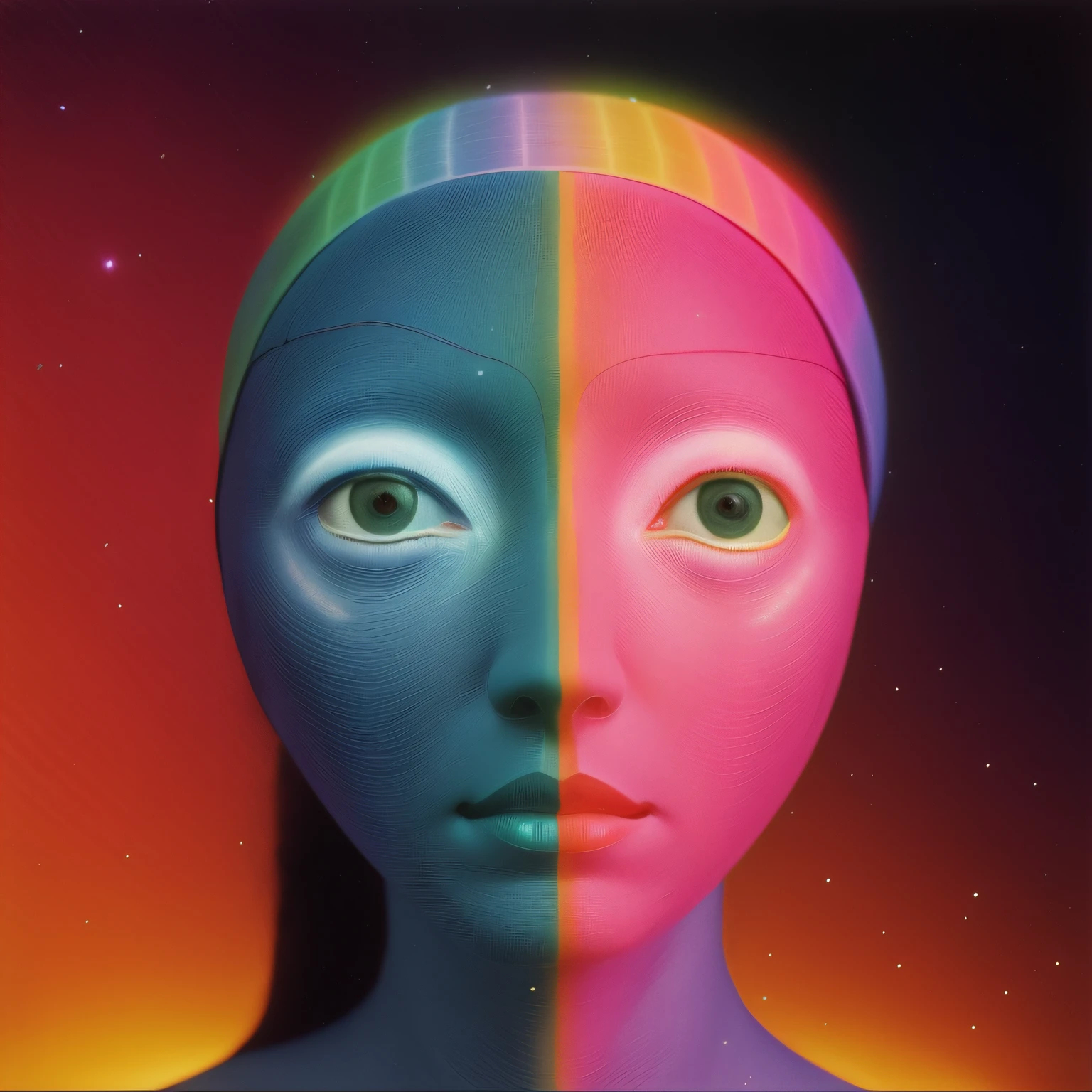 there is a picture of a woman with a headdress on, glowing rainbow face, aerochrome eyes, portrait of a humanoid alien, inspired by Agnes Lawrence Pelton, symmetrical portrait scifi, portrait of female humanoid, inspired by Ed Paschke, symmetric portrait, portrait of an alien, symmetrical portrait, symmetrical centered portrait, coloured film photography