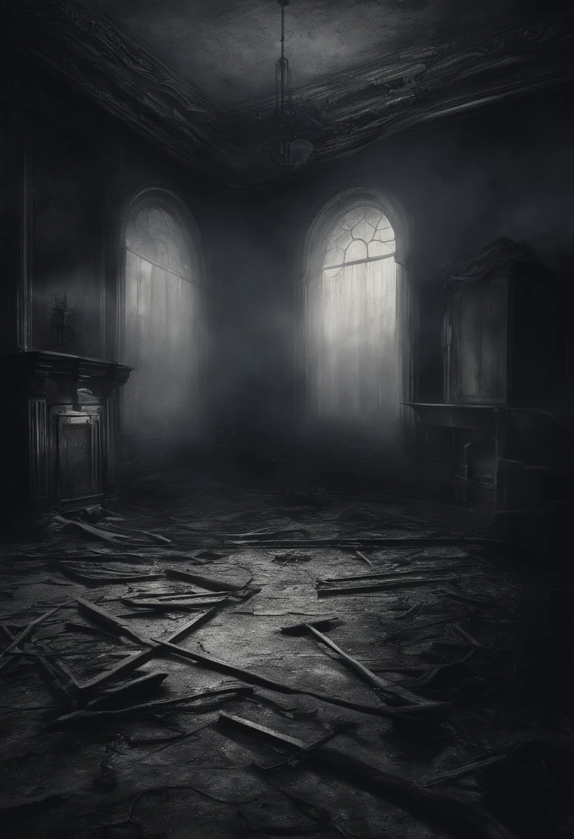 Illustrate the abandoned music room on the edge of Discord, Shrouded in an ominous fog, With the ghostly glow emanating from within.