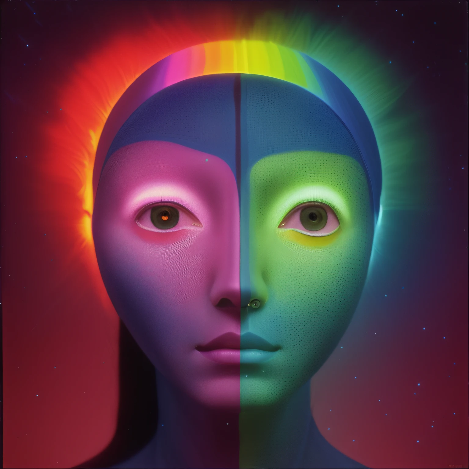 there is a picture of a woman with a headdress on, glowing rainbow face, aerochrome eyes, portrait of a humanoid alien, inspired by Agnes Lawrence Pelton, symmetrical portrait scifi, portrait of female humanoid, inspired by Ed Paschke, symmetric portrait, portrait of an alien, symmetrical portrait, symmetrical centered portrait, coloured film photography