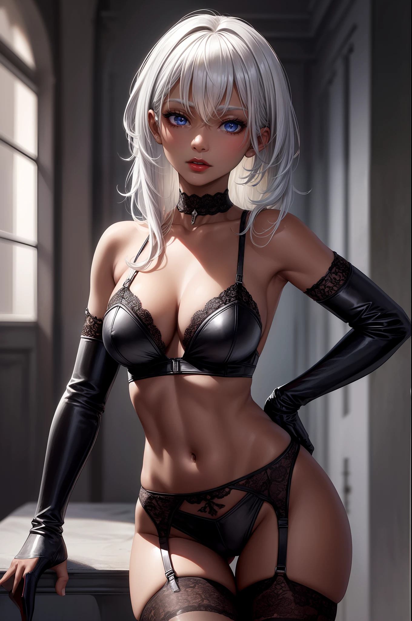 masterpiece,(bestquality),highlydetailed,ultra-detailed, dark, solo, expressionless,dark skin, blue eyes, short hair, silver hair, white hair, busty, naked, alluring, erotic, seductive, experienced, (black hair), (high heels), (garter belt), (choker), (lace), (fishnet), (whips), (leather gloves), (red lipstick), (seductive gaze)