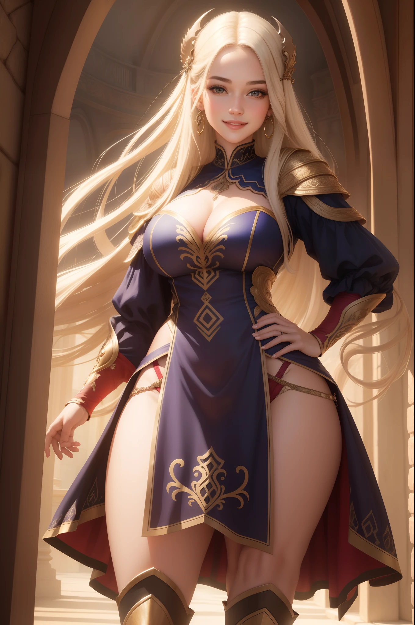 A girl with a cute smile and closed mouth, featuring beautiful details in her facial features and nose. She stands in a full-body pose with her hands on her waist. The girl is the main focus of the artwork, portrayed in a photorealistic style with realistic textures and lighting. The image quality is at its best, with an 8K resolution and ultra-high definition. The overall tone of the artwork is vibrant, with vivid colors that enhance the visual impact. The lighting is skillfully crafted, providing a natural and captivating ambiance. The girl is wearing a charming outfit and has long, flowing hair. Her eyes are bright and captivating, adding depth and expression to her face. The artwork showcases the colossal Dalsefo, a mythical creature with pork, and thighs that add a touch of fantasy and wonder to the scene.