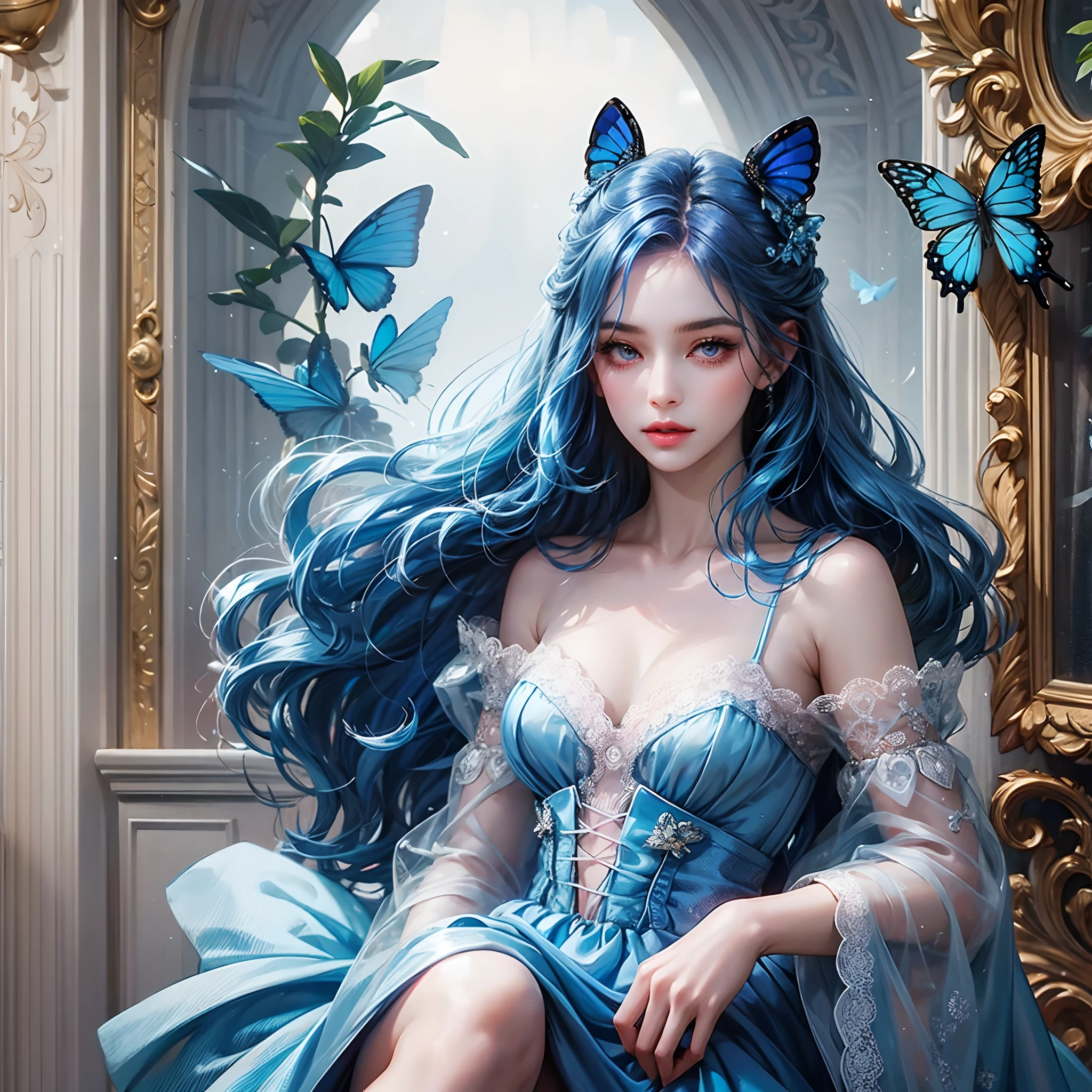 a women, blue butterfly, blue hair, pink eyes, blue dress