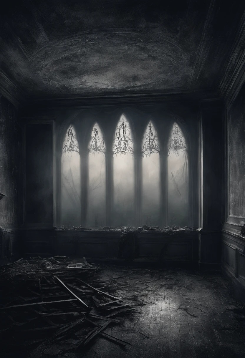 Illustrate the abandoned music room on the edge of Discord, Shrouded in an ominous fog, With the ghostly glow emanating from within.