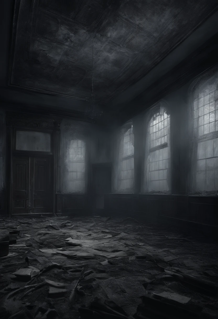 Illustrate the abandoned music room on the edge of Discord, Shrouded in an ominous fog, With the ghostly glow emanating from within.