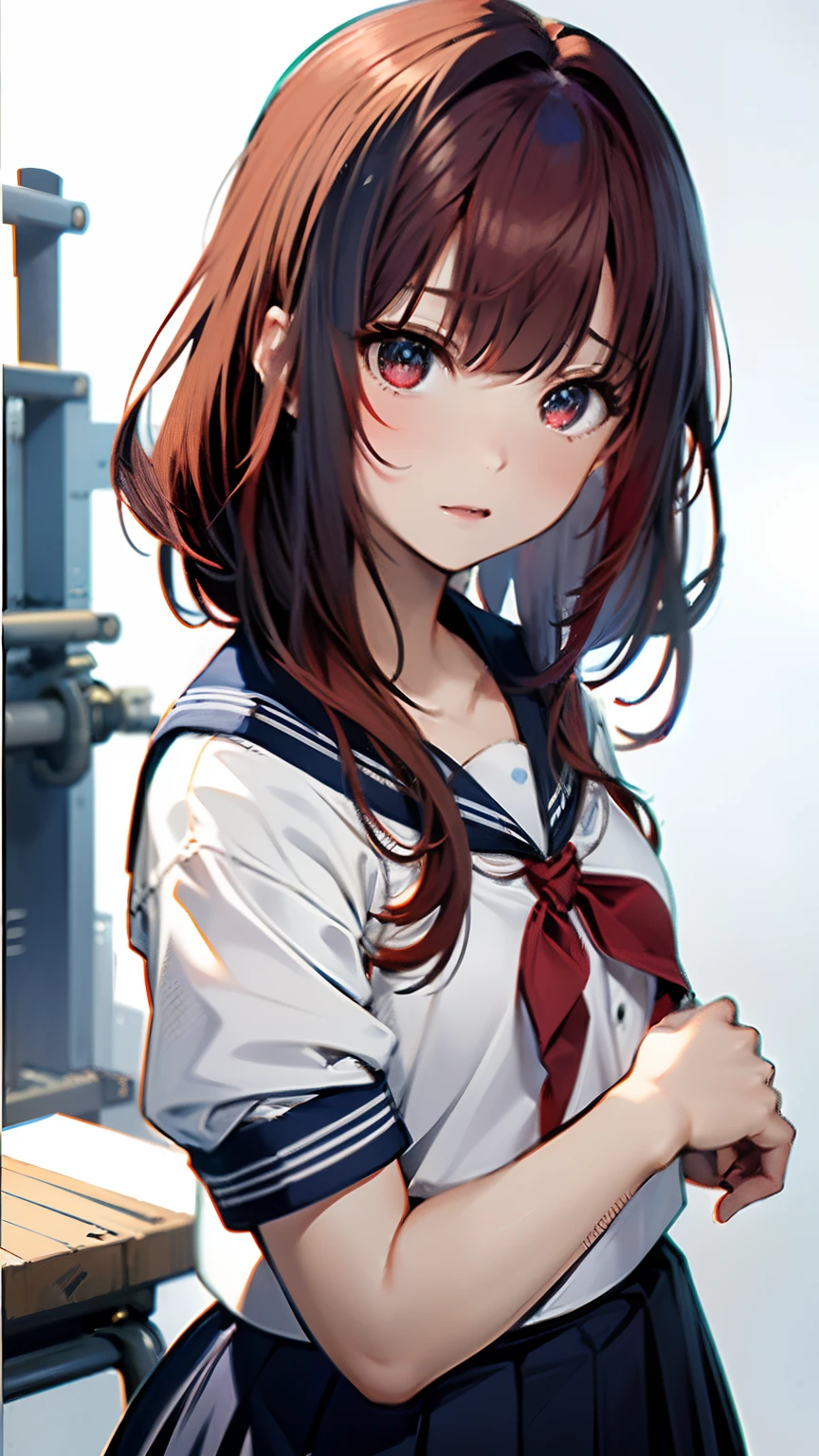 (top-quality, 8K, 32K, ​masterpiece, nffsw:1.2), (Raw photography), (realisitic), (Photorealsitic:1.2), (hight resolution), ultra-detailliert, extremely beautiful face and eyes, 1girl in, (Lori), infp young woman, round small face, big breasts thin waist、(((tiny chest)))、(((White wall background)))、slim proportions, (student clothes, a sailor suit、White sailor suit, Dark blue pleated skirt:1.23), (bustshot)、(((Red hair)))、((Sailor suit with short sleeves))、Arms folded in front of the chest、I'm furious、Screaming