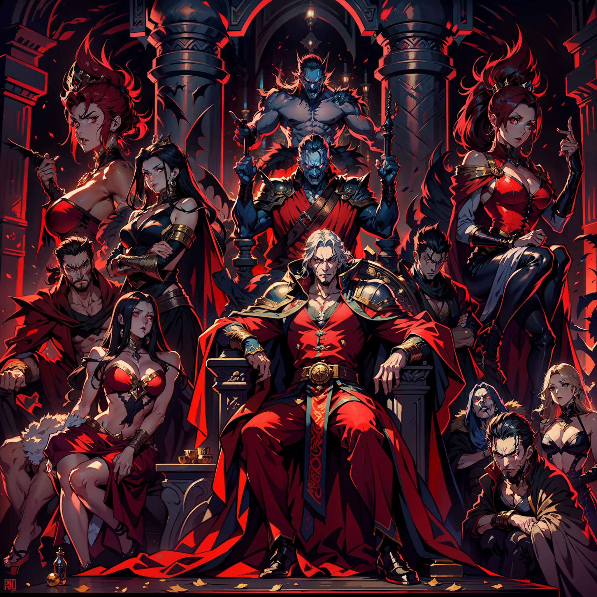 Castlevania Lord of muscular shadows beautiful red eyes bright eyes crystal hyper realistic super detailed scary Lord Dracula sitting on his big throne with his legendary Moroccan princesses next to him Read large scrolls with a red expression of anger bright eyes hyper realistic face portrait super detailed Dynamic shot centerpiece movie Epic Legendary hokuto no ken movie style 3 points perspective view