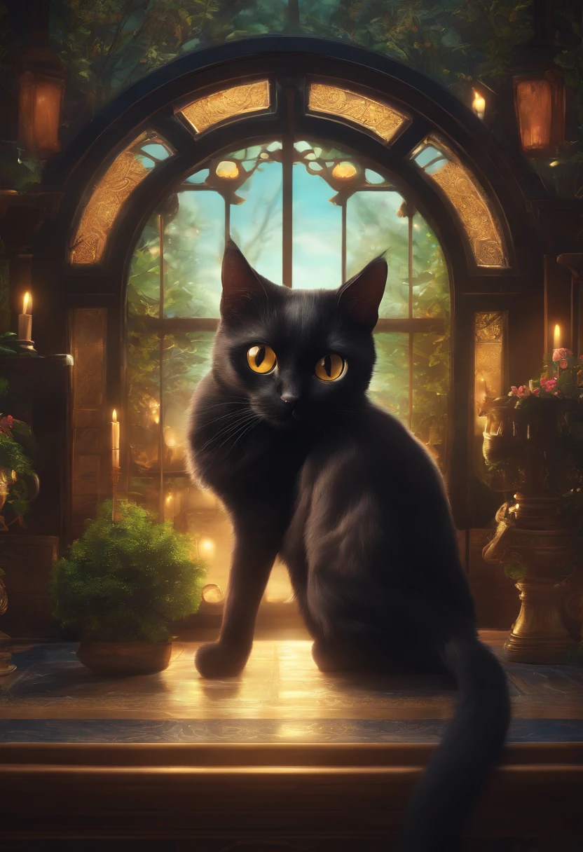 A black cat with a direct gaze, Multi-dimensional art style, Royal background, 16K HD wallpaper，top-quality，Ray tracing，ghibli artstyle，Anime Real Cat - Animal Concept Art