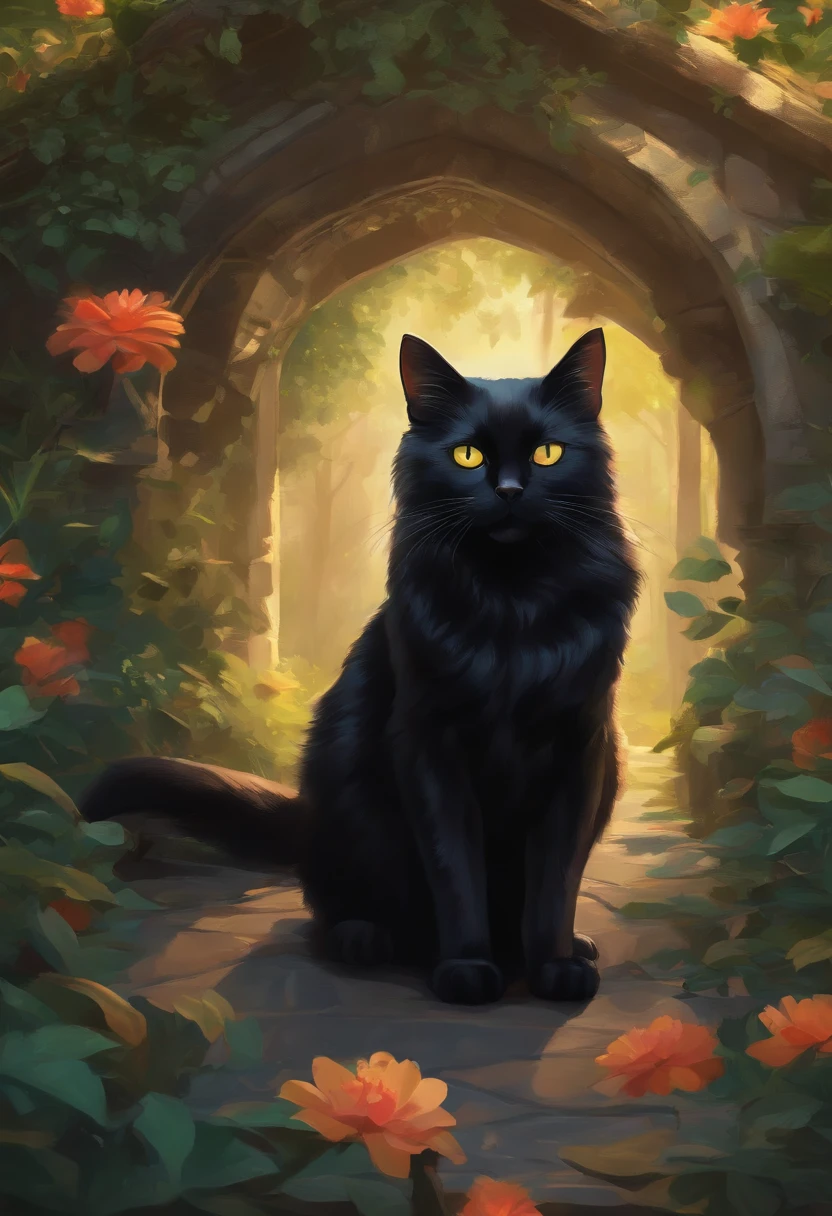 A black cat with a direct gaze, Multi-dimensional art style, Royal background, 16K HD wallpaper，top-quality，Ray tracing，ghibli artstyle，Anime Real Cat - Animal Concept Art