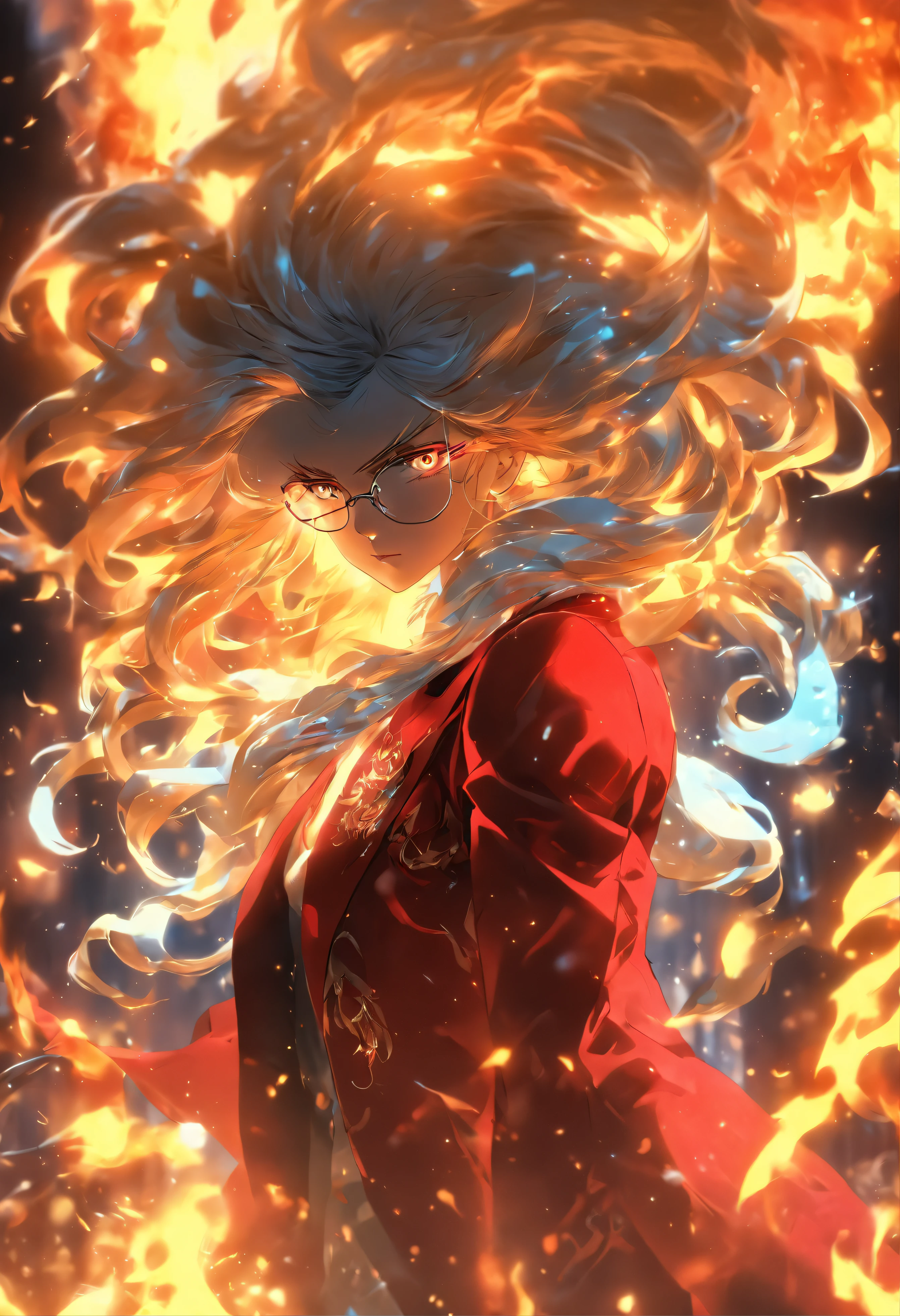 animemanga girl,sliver long hair,gold-wire glasses,Indifferent face,Red demon horn,Demon tail,Business suit,White gloves,Ice roses in hand,4K,Optimal image quality,Surrounded by flames and ice