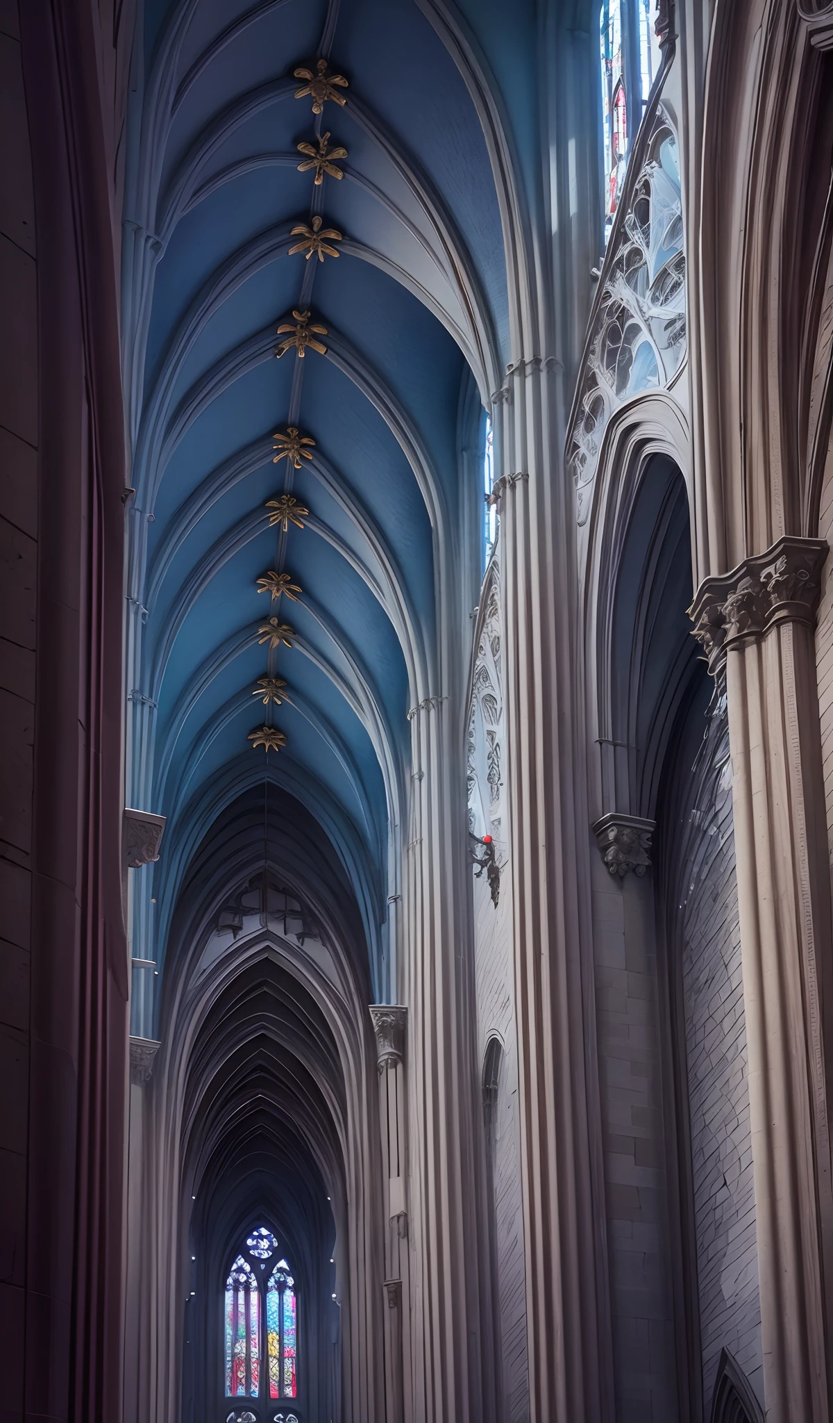 gothic cathedral,rain, blue arch,red Glass, interior design --auto --s2