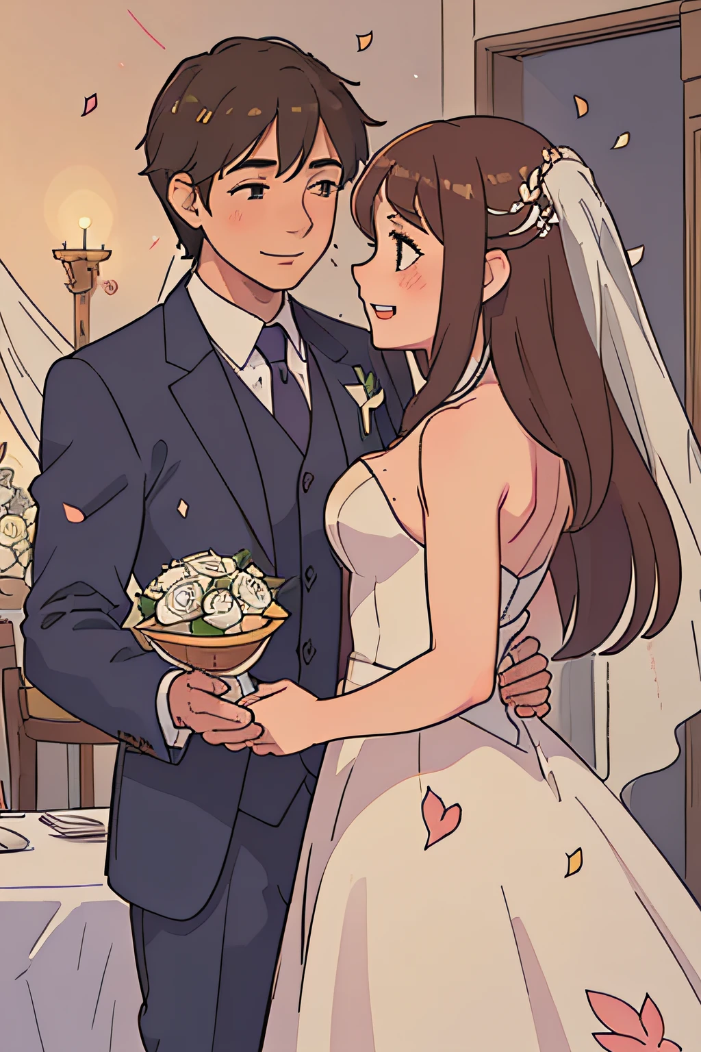 (a man and a woman), (wedding), (romantic scene), (wedding vows exchange), (soft lighting), (beautifully decorated venue), (floral arrangements), (bride in a white gown), (groom in a tailored suit), (smiling faces), (teary-eyed guests), (joyful atmosphere), (elegant dining setup), (champagne glasses), (elegant cake), (live music), (dancing couples), (confetti), (fireworks), (love in the air), (whispered promises), (tender touches), (emotional speeches), (celebratory hugs), (unforgettable moments), (time stands still), (professional photography), (vivid colors), (happy memories), (dream come true), (eternal love), (emotional journey), (triumph of love), (everlasting commitment), (true happiness), (fairy-tale ending), (best quality, highres), (ultra-detailed), (realistic)
