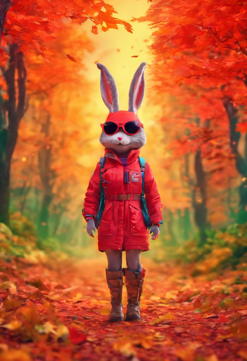 3D rendering of (A photo of an adventurous rabbit sister standing on a path between the autumn leaves), hairy, Clear and beautiful face, Big green bright eyes, (Binoculars hanging from her chest:1.37), Sister Rabbit wears a green fashion adventure outfit,green shorts, Red hiking boots on his feet, , cute ears, Red and green camping hats, (fashionable sunglasses:1.37), Carry a green shoulder bag with you, trowels, camping equipment, A compass associated with many adventure tools,
Curious to explore expressions, Cartoon, 4D, Fox,
Background: Autumn Leaf Forest Trail Red Forest, autumn forest, red illuminating fog, In a red dream, really beautiful forest, Beautiful forest, Beautiful hazy wood, Red shade spray, Breathable and beautiful trees, breath-taking beautiful trees, red fog, beautiful forests and trees, Bright but dark red, red trees,{{Masterpiece}},{{{Best quality}}},{{Ultra-detailed}}, {{{illustration}}},{{Disheveled hair}},concept art of character,Game scene graph,Clear facial features,close up photograph,Photography,postapocalyptic,Masterpiece,archviz/building rendering,Quixel Megascans Render,corona rendered,rendering by octane,v-ray,High detail,hyper qualit,high resolution,trending on artstationh,hyper photorealism,surrealism,HD,8K tilt shift,Long shot,Split Lighting,