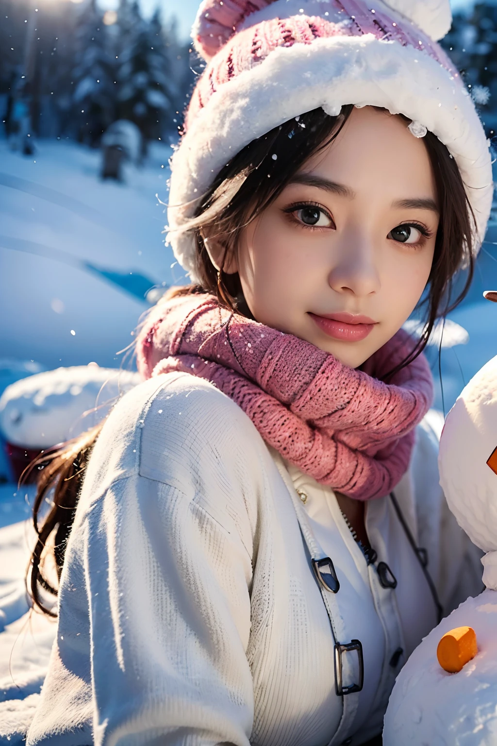 masterpiece, 1 beautiful girls, detaileds, top-quality, 超A high resolution, (Realistis: 1.4), OriginalPhotographs, 电影灯光, A smile, Asian Beauty, very extremely beautiful, Slightly younger face, Beautiful skins, slender, (A hyper-realistic), (hight resolution), (8K), (ighly detailed), (The best illustrations), (beautifully detailed eyes), (ultra-detailliert), (wall-paper), (详细的脸), looking at the viewers, fine detailed, A detailed face、pureerosfaceace_v1、46-point diagonal bangs、(beautidful eyes:1.5)(Photorealsitic:1.5)、Raw foto、1girl in、deep-shadows、Posing、Spoiled look、(Okappa:1.5) Super Detail, Textured skin, tre anatomically correct、masutepiece、(At a ski resort in the snowy mountains:1.5)、(Wear white and pink winter ski wear:1.5)Knitted hat with earpiece、Ski Gloves、(In the whole body diagram:1.5)(Next to a big snowman:1.5)