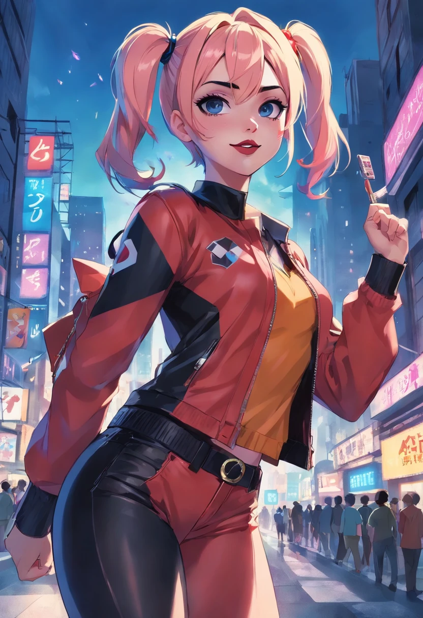 Harley Quinn、cuerpo completo、Enormes piernas hermosas、tetas medianas, Apertura de piernas、Pelo pubick、Debajo del cabello、cabello、babeo、apretar los senos, black latex pants, rodeada de hombres musculosos, hombres agarrando a Harley Quinn, 1girl many boys