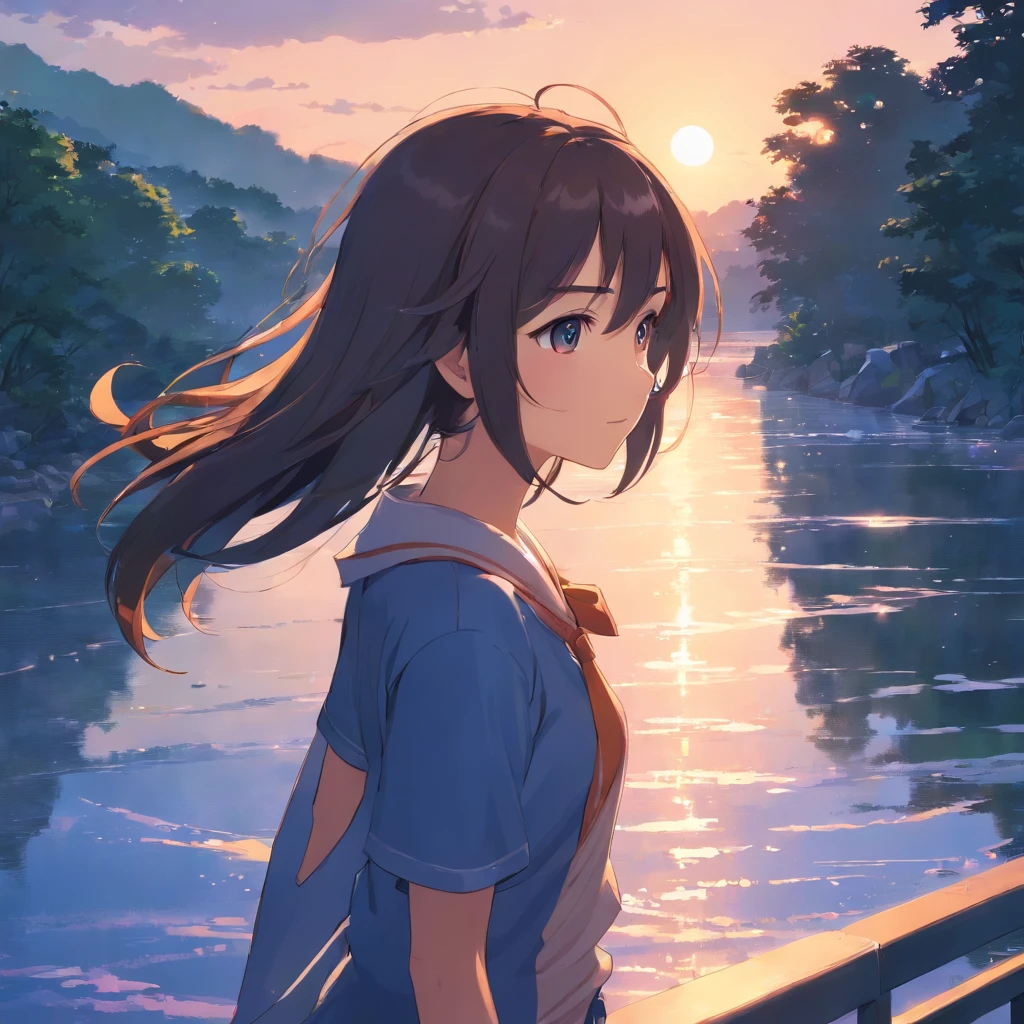 Original, (Masterpiece), (illustration), (Extremely fine and beautiful), (Perfect details), (unity CG 8K wallpaper:1.05), (beautiful and clear background:1.25), (Depth of field:0.7),1girll,huanxiaoyi , (stands aside the river:1.15).(hair blowing with the wind:1.1),butterflys flying around, (Moon light:0.6), tree, (Summer), (Night:1.2), (Close-up:0.35), (mitts:0.8), Solo ,