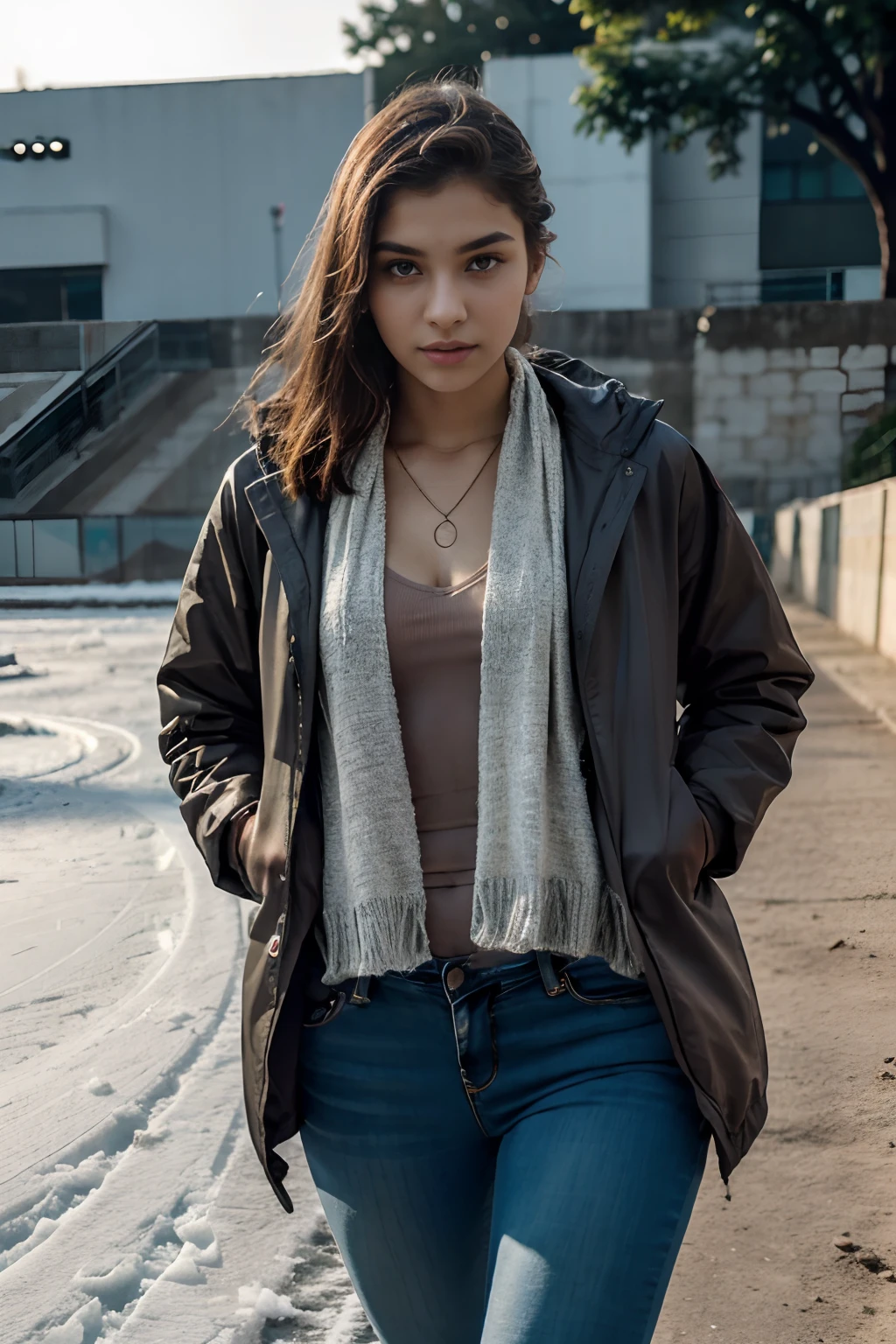 Beautiful girl named malkovai, 18yr old, wearing heavy winter jacket and jeans, winter scarf, in an urban ice skating park, multiple poses, attractive poses, hot pose, model, wearing necklace, dusk, scary, misty. 3929