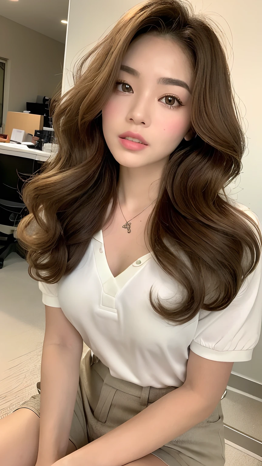 ((best qualtiy, 8K, tmasterpiece:1.3)), Focus:1.2, ((Office Worker)) ((Perfect figure Beautiful Woman: 1.4)), ((Random Diva Hairstyle) ((Brown Wavy Hair In Big Curls))(Long white legs: 1.3)), ((Polo Shirt With Shorts Outfit :1.2)), (inside in room: 1.2), ((Highly Detailed Facial And Skin Texture)), ((Detailed Eyes)) , ((Detailed Lips)), ((Detailed Eyebrows)) (Tan Skin-Tone)) ((Straight breasts:1.3), ((looking at camera, Wear a necklace,