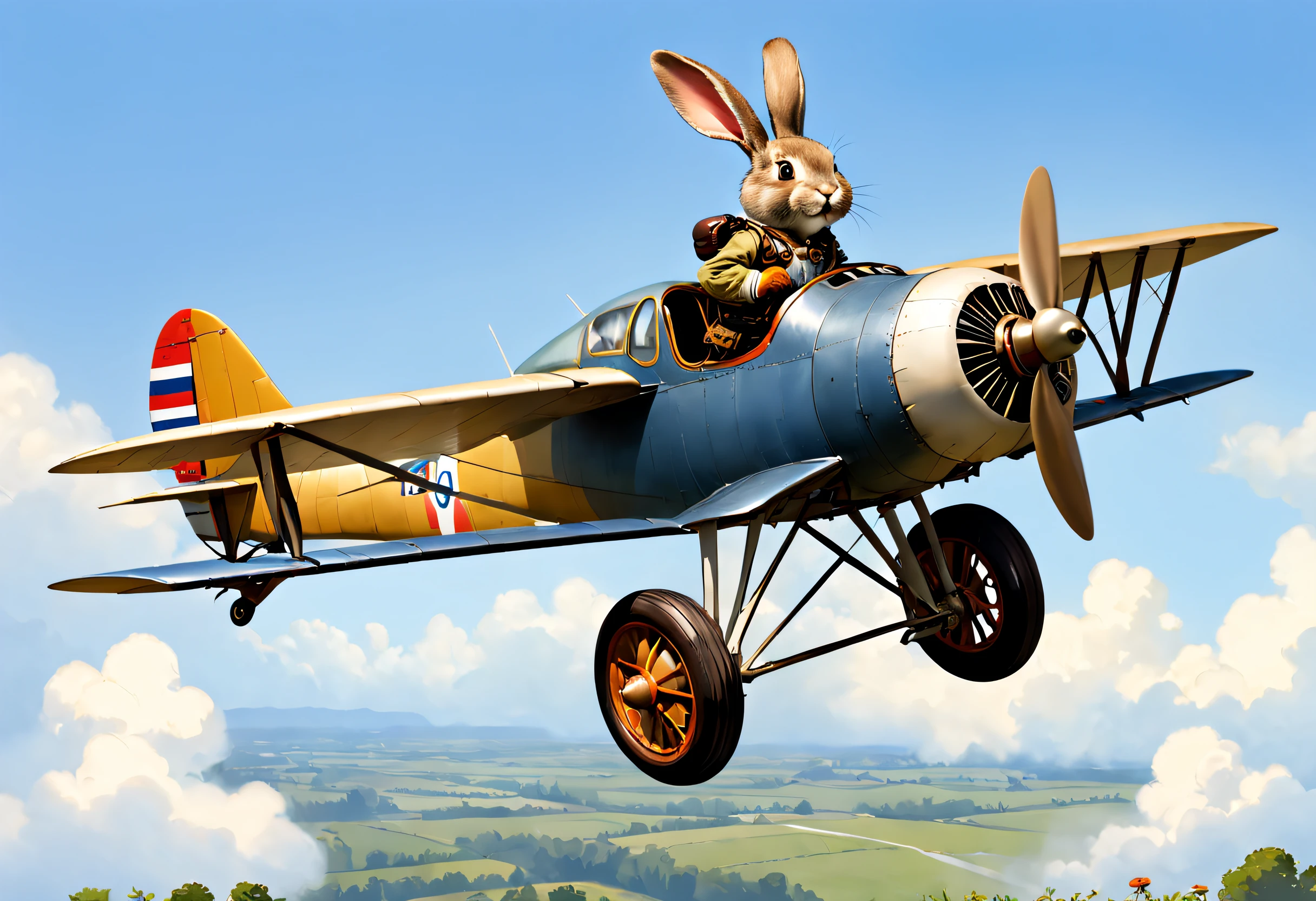 A rabbit pilots an old plane，