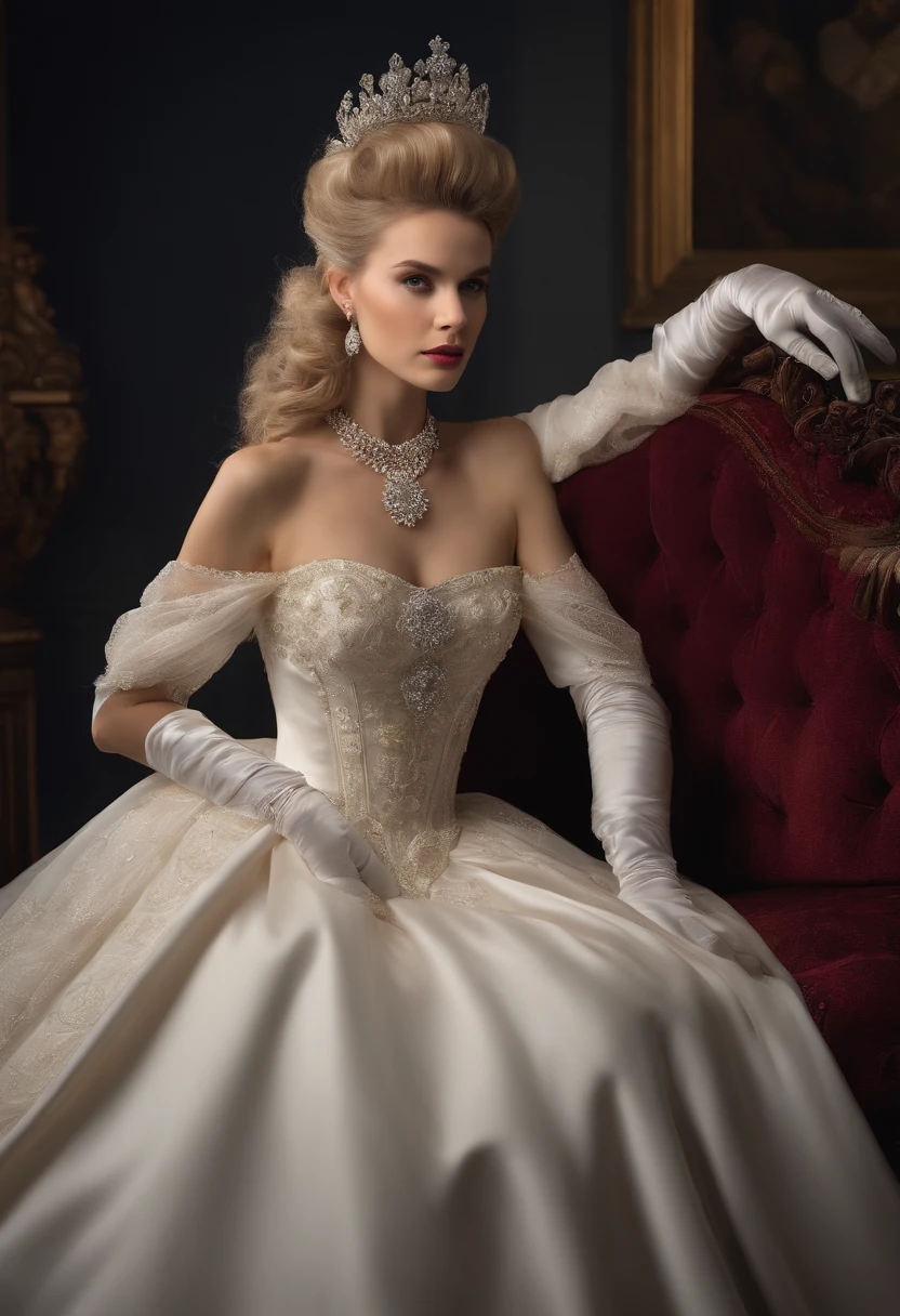 Best quality, Masterpiece, The noble queen wore a stately and delicate royal wedding dress in white satin tulle,Wear extra-long white gloves,Decorated with a huge ribbon bow, Lace, frilld, Woven pleats, Embroidery and jewelry, With large puff sleeves, Hourglass waist and voluminous Crinoline hoop skirt, bustle, and trains, white long gloves, pearl necklace and earrings, Long, Straight blonde hair draped loosely, Backstyle