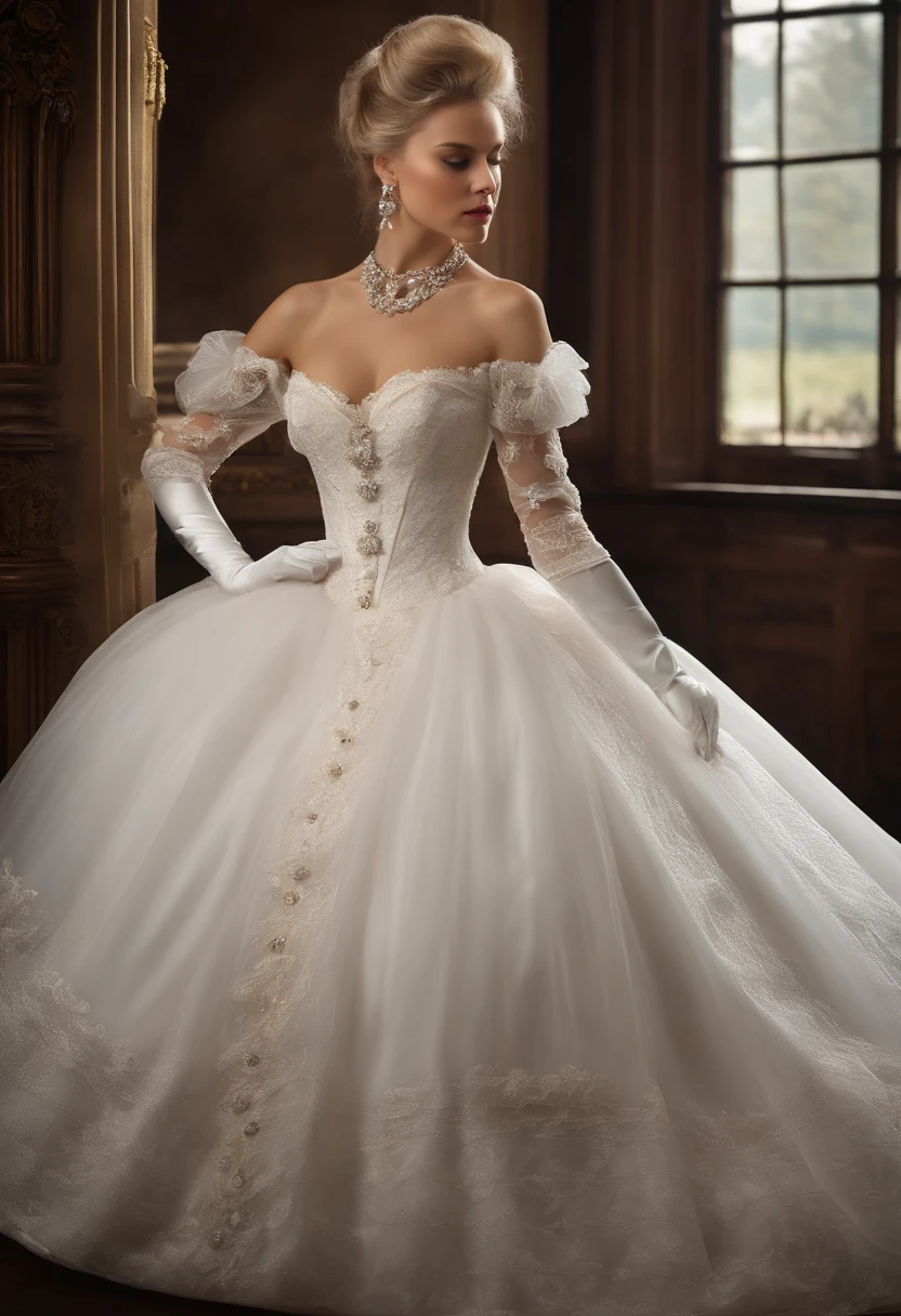 Best quality, Masterpiece, The noble queen wore a stately and delicate royal wedding dress in white satin tulle，Wear extra-long white gloves，Decorated with a huge ribbon bow, Lace, frilld, Woven pleats, Embroidery and jewelry, With large puff sleeves, Hourglass waist and voluminous Crinoline hoop skirt, bustle, and trains, white long gloves, pearl necklace and earrings, Long, Straight blonde hair draped loosely, Backstyle