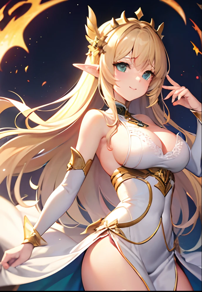 Blonde Elf Princess、tiarra、MKSKS style、Solo、(highly detailed back ground:1.0)、(highly detailed back ground:1.0)、​masterpiece、top-quality、超A high resolution、in 8K、upper Shot、(1/2 Gold and 1 Gold/2 Silver Long Hair)、BREAK、Detailed skin、glowy skin、A detailed eye、Green eyes、Shining eyes、Burning cheeks、Laughing、Large breasts、BREAK、White Dress:1.2、Dress with open chest、Detailed clothing、looking in camera、Strenuous movements、A sexy