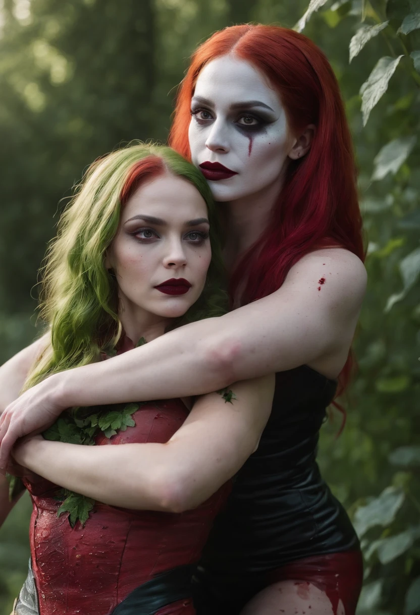 poison ivy and harley quinn embrace while covered in blood