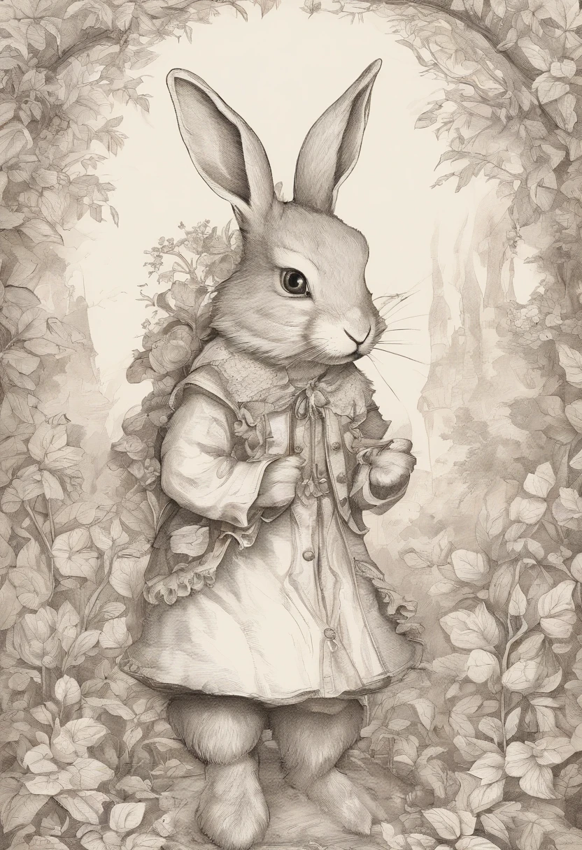 a cute bunny，Wear travel attire，Parchment in your hand，Walk in the forest