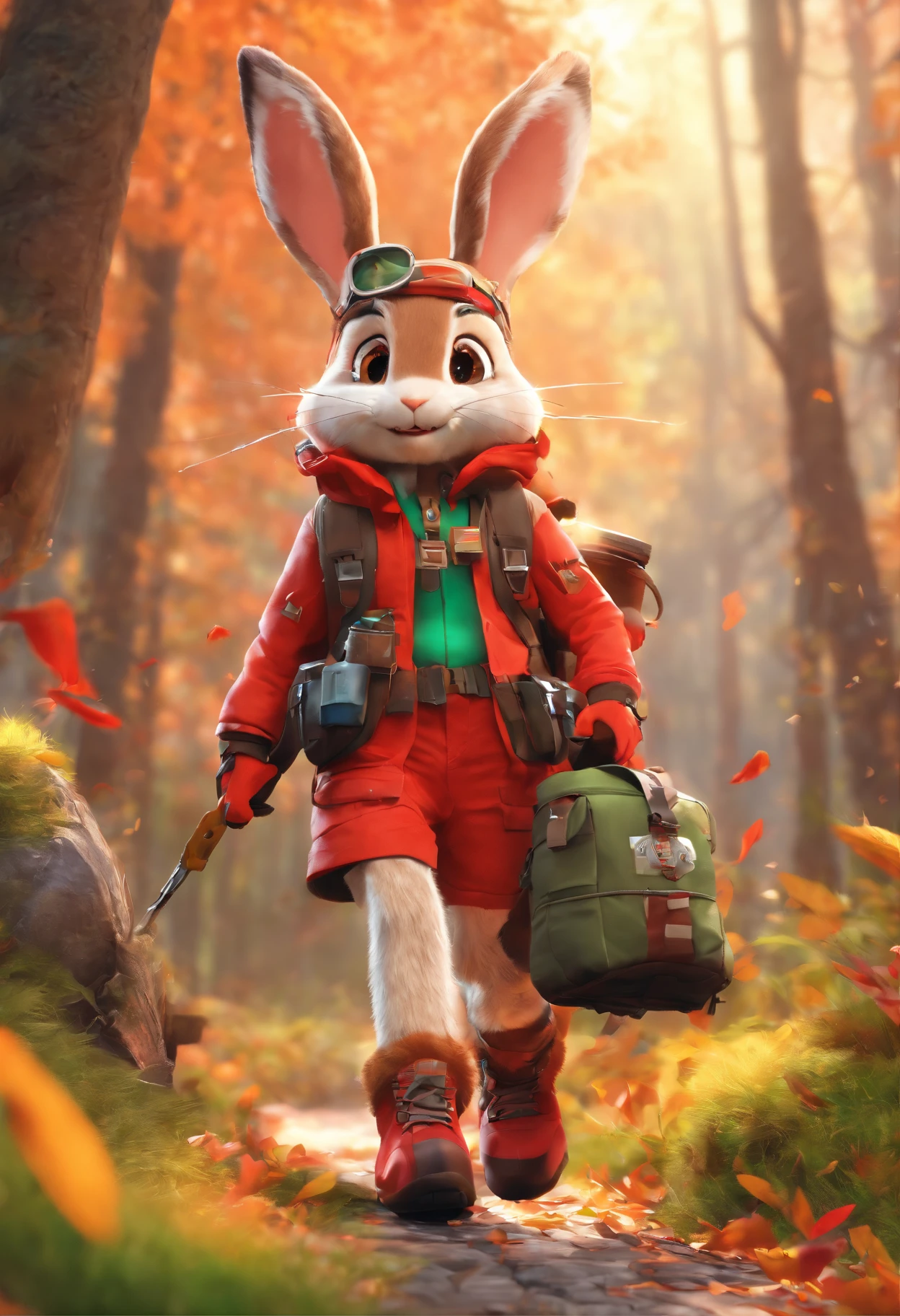 3D rendering of (A photo of an adventurous rabbit sister standing on a path between the autumn leaves), hairy, Clear and beautiful face, Big green bright eyes, Binoculars hanging from her chest, Sister Bunny is wearing a green fashion adventure outfit, Red hiking boots on his feet, , cute ears, Red and green camping hats, fashionable sunglasses, Carry a green shoulder bag with you, trowels, camping equipment, A compass associated with many adventure tools,
Curious to explore expressions, Cartoon, 4D, Fox,
Background: Autumn Leaf Forest Trail Red Forest, autumn forest, red illuminating fog, In a red dream, really beautiful forest, Beautiful forest, Beautiful hazy wood, Red shade spray, Breathable and beautiful trees, breath-taking beautiful trees, red fog, beautiful forests and trees, Bright but dark red, red trees,{{Masterpiece}},{{{Best quality}}},{{Ultra-detailed}}, {{{illustration}}},{{Disheveled hair}},concept art of character,Game scene graph,Clear facial features,close up photograph,Photography,postapocalyptic,Masterpiece,archviz/building rendering,Quixel Megascans Render,corona rendered,rendering by octane,v-ray,High detail,hyper qualit,high resolution,trending on artstationh,hyper photorealism,surrealism,HD,8K tilt shift,Long shot,Split Lighting,