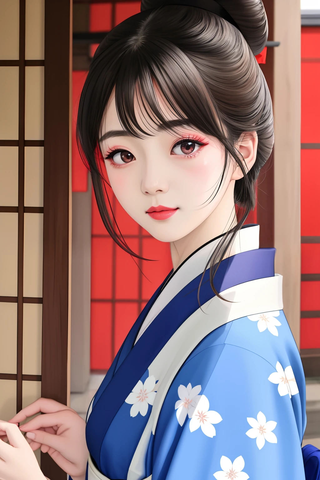 ((Big、a small face、No exposure))、top-quality、masterpiece、(Bun hair Black hair、Ponytail hair)、Brown eyes、⦅From the buttocks up is the whole body、Diagonally horizontal⦆、(4In K、masterpiece、hight resolution、Realistic and beautiful light and shadow、One girl、Solo Focus、(top-quality)、(Hi-Res)、(extremely delicate and beautiful)、(Beautiful 8k face)、(I close my eyes while smiling.)、(独奏)、(Clear skin)、(Soft hair)、(7headed body)、(Japanese style yukata kimono with red and pink floral pattern isolated on white background、Beautiful girl in Japan wearing yukata)、((Hair in a bun))、((Tanabata decoration background))、((a small face))、(reality)、thin and small nose、(red lipsticks)、(Reddening cheeks)、(Lustrous skin)、((Ukiyo-e style))、Ultra-thin eyebrows、Ultra high image quality、(Wearing maiko-style makeup)、skin whitening、long and beautiful lashes、Lustrous skin that changes like a model in a Kyoto magazine、(Red-dyed cheeks),Nasal muscle