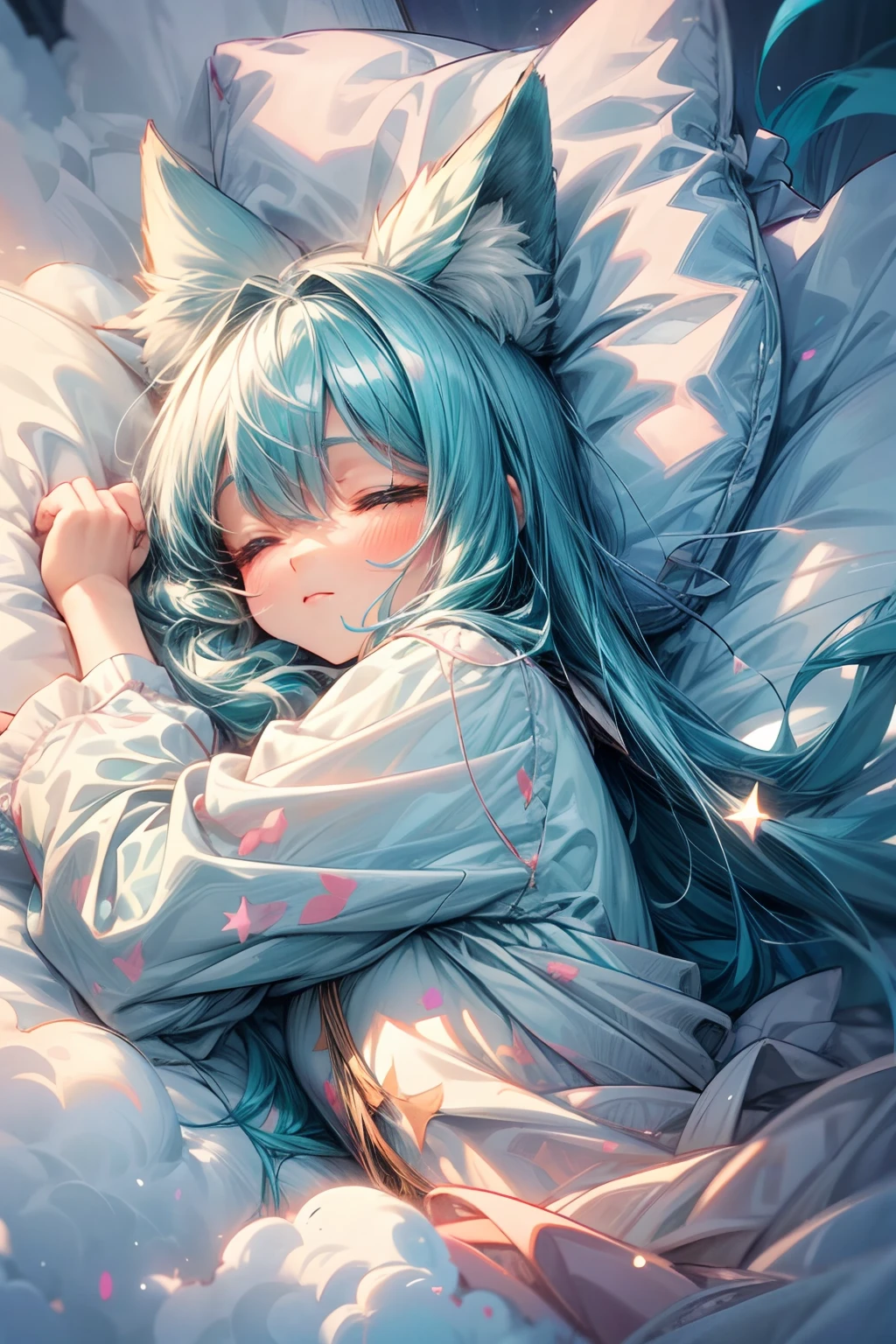(a peaceful dream, nighttime serenity, calmness, restful sleep), (best quality, ultra-detailed, photorealistic), (painting), (stars shining, gentle moonlight), (soft pillow, comfortable bed, dreamy atmosphere), (tranquility, luxurious sleep), (peaceful and serene), (subtle colors, dark and warm tones), (soft and diffused lighting), closeup of a anime girl with long teal hair on the bed sleaping and hugging a big white wolf in the clouds, an anime drawing by Shitao, pixiv contest winner, furry art, fluffy!!!, very beautiful anime cat girl, beautiful anime catgirl, cute anime catgirl, anime girl with cat ears, very beautiful cute catgirl, white cat girl, fluffy!!!, anime catgirl, anime cat, trending on artstation pixiv, chibi, cute chibi,