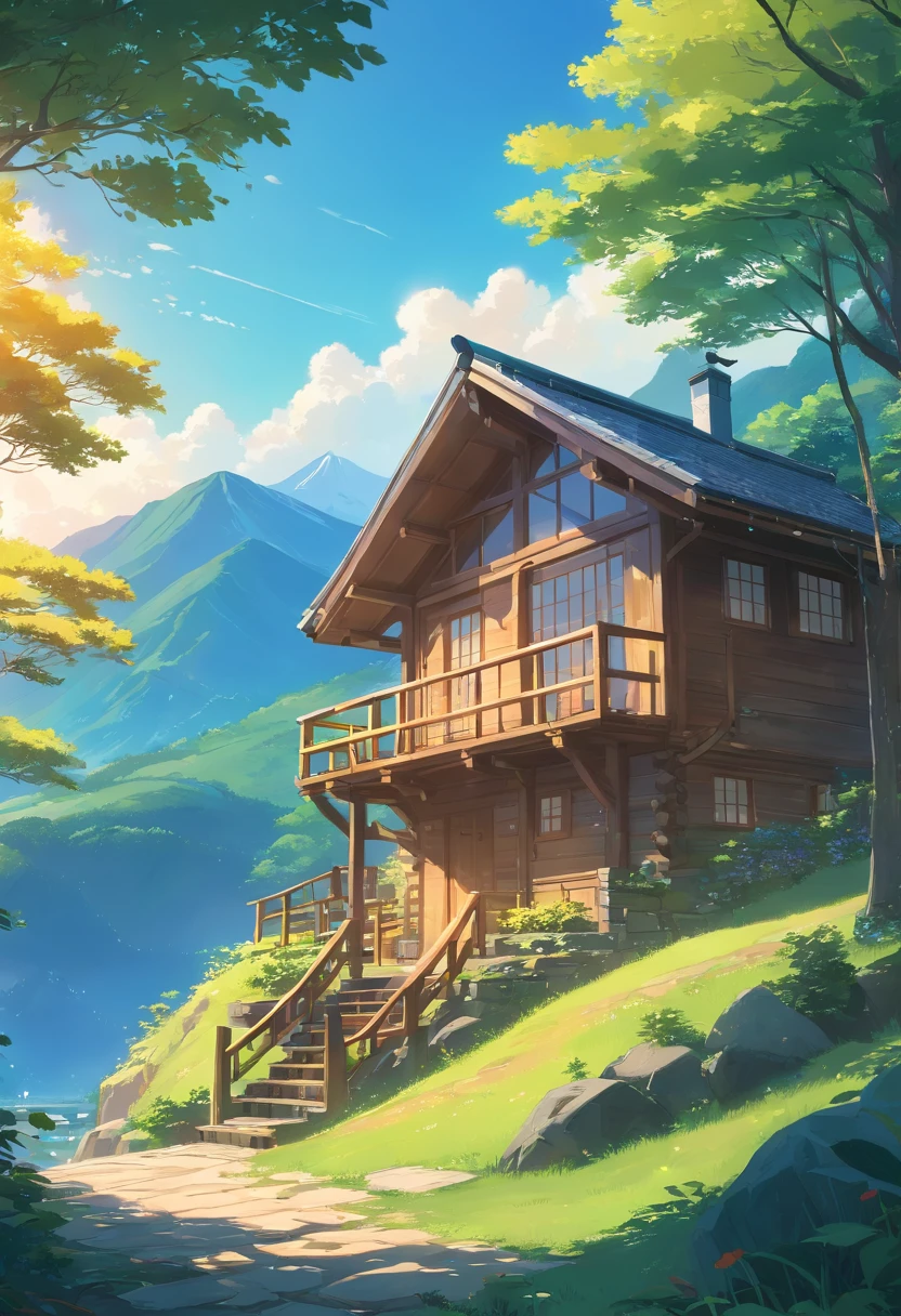 Wooden Cottage in mountain, beautiful scenery, cinematic lighting