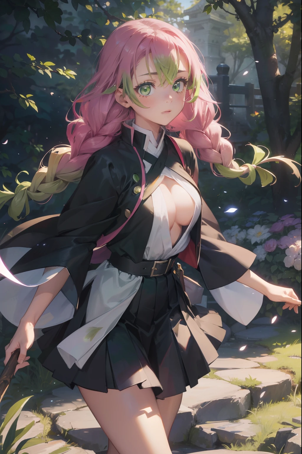 mitsurikanroji, mitsuri kanroji, braid, gradient hair, (green eyes:1.5), green hair, long hair, mole, mole under eye, multicolored hair, pink hair, twin braids, two-tone hair,
BREAK belt, black skirt, cleavage, coat, demon slayer uniform, haori, japanese clothes, long sleeves, miniskirt, partially unbuttoned, pleated skirt, skirt, uniform,
BREAK looking at viewer,
BREAK indoors,
BREAK (masterpiece:1.2), best quality, high resolution, unity 8k wallpaper, (illustration:0.8), (beautiful detailed eyes:1.6), extremely detailed face, perfect lighting, extremely detailed CG, (perfect hands, perfect anatomy), (Master Masterpiece、maximum quality、highestres、offical arts、Beautifully Aesthetic:1.2)、(Master Masterpiece、maximum quality、maximum quality、offical arts、Beautifully Aesthetic:1.2)、(Master Masterpiece、maximum quality、maximum quality、offical arts、Beautifully Aesthetic:1.2)、(a 1girl:1.3)、highly detail、(Fractal Art:1.3)、colorfull、Supreme Details、「Enchanting witch from another world」This painting titled、It depicts a captivating beautiful witch manipulating magic in the castle gardens without limits。The castle spreads out、The garden there is、It creates an atmosphere as if a door to another world has appeared..。
Standing at the center is、Beautiful witch in a sophisticated dress。His face is meticulously drawn.、He has a profound expression on his face, as if he strongly wishes for something.。In her hand is a luxurious wand.、From that wand is emitting mighty magical powers。 The magic cast is、It was released as an explosive force from the tip of the wand.、The energy that reverberates through the garden as a beam of colorful light is very powerful.、A beam of light makes a large trajectory in the sky。
The charm of this painting is、The mighty and enchanting beauty of the witch、Y、It skillfully captures the mystique of the garden.。 、And the witch's facial expressions and movements are very realistic.、It has the power to draw the viewer into the place。
In addition、the light and