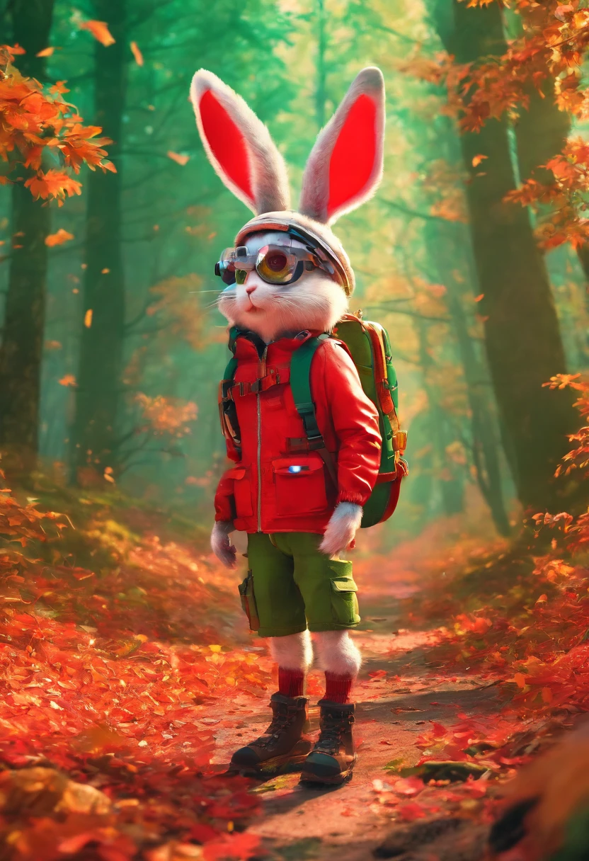 3D rendering of (A photo of an adventurous rabbit sister standing on a path between the autumn leaves), hairy, Clear and beautiful face, Big green bright eyes, (Highly myopic glasses:1.37)(Binoculars hanging from her chest:1.37), Sister Bunny is wearing a green fashion adventure outfit,green shorts, Red hiking boots on his feet, , cute ears, Red and green camping hats, , Carry a green shoulder bag with you, trowels, camping equipment, A compass associated with many adventure tools,
Curious to explore expressions, Cartoon, 4D, Fox,
Background: Autumn Leaf Forest Trail Red Forest, autumn forest, red illuminating fog, In a red dream, really beautiful forest, Beautiful forest, Beautiful hazy wood, Red shade spray, Breathable and beautiful trees, breath-taking beautiful trees, red fog, beautiful forests and trees, Bright but dark red, red trees,{{Masterpiece}},{{{Best quality}}},{{Ultra-detailed}}, {{{illustration}}},{{Disheveled hair}},concept art of character,Game scene graph,Clear facial features,close up photograph,Photography,postapocalyptic,Masterpiece,archviz/building rendering,Quixel Megascans Render,corona rendered,rendering by octane,v-ray,High detail,hyper qualit,high resolution,trending on artstationh,hyper photorealism,surrealism,HD,8K tilt shift,Long shot,Split Lighting,