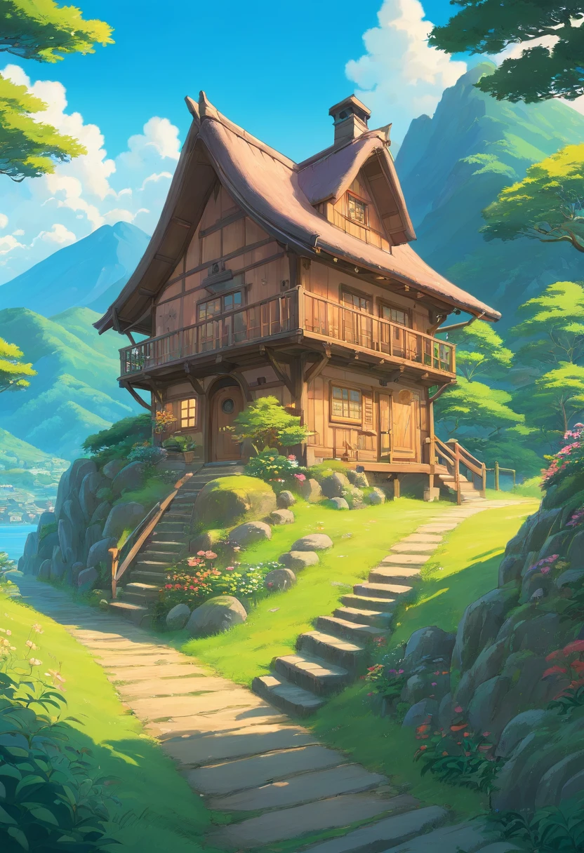 Wooden Cottage in mountain, beautiful scenery, cinematic lighting