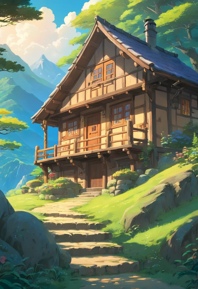 Wooden Cottage in mountain, beautiful scenery, cinematic lighting