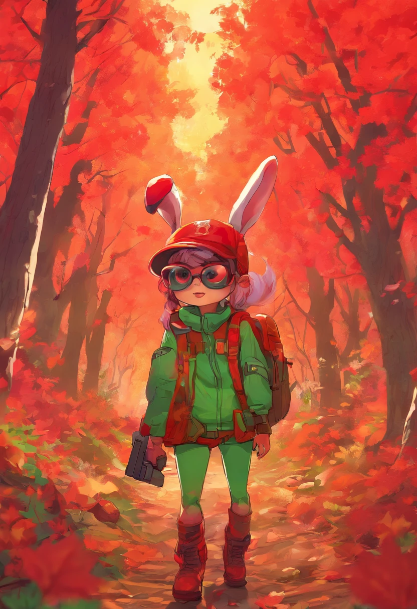 3D rendering of (Profile photo of an adventurous rabbit sister standing on a path between autumn leaves), hairy, Clear and beautiful face, Big green bright eyes, (Binoculars hanging from her chest:1.37), Sister Rabbit wears a green fashion adventure outfit,green shorts, Red hiking boots on his feet, , cute ears, Red and green camping hats, (fashionable sunglasses:1.37), Carry a green shoulder bag with you, trowels, camping equipment, A compass associated with many adventure tools,
Curious to explore expressions, Cartoon, 4D, Fox,
Background: Autumn Leaf Forest Trail Red Forest, autumn forest, red illuminating fog, In a red dream, really beautiful forest, Beautiful forest, Beautiful hazy wood, Red shade spray, Breathable and beautiful trees, breath-taking beautiful trees, red fog, beautiful forests and trees, Bright but dark red, red trees,{{Masterpiece}},{{{Best quality}}},{{Ultra-detailed}}, {{{illustration}}},{{Disheveled hair}},concept art of character,Game scene graph,Clear facial features,close up photograph,Photography,postapocalyptic,Masterpiece,archviz/building rendering,Quixel Megascans Render,corona rendered,rendering by octane,v-ray,High detail,hyper qualit,high resolution,trending on artstationh,hyper photorealism,surrealism,HD,8K tilt shift,Long shot,Split Lighting,