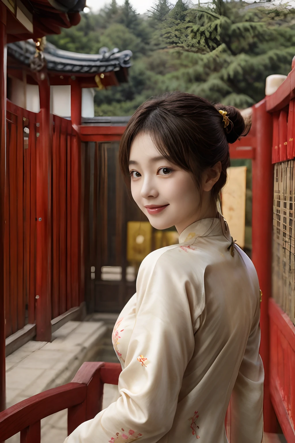masterpiece、8K、32K、top-quality、(A cute Japanese woman)、detail portrayal、1 girl in、elegent、A sexy、(Cheongsam:1.2)、(Chinese Temple Background)、cowboy shot、ssmile、Angle from below