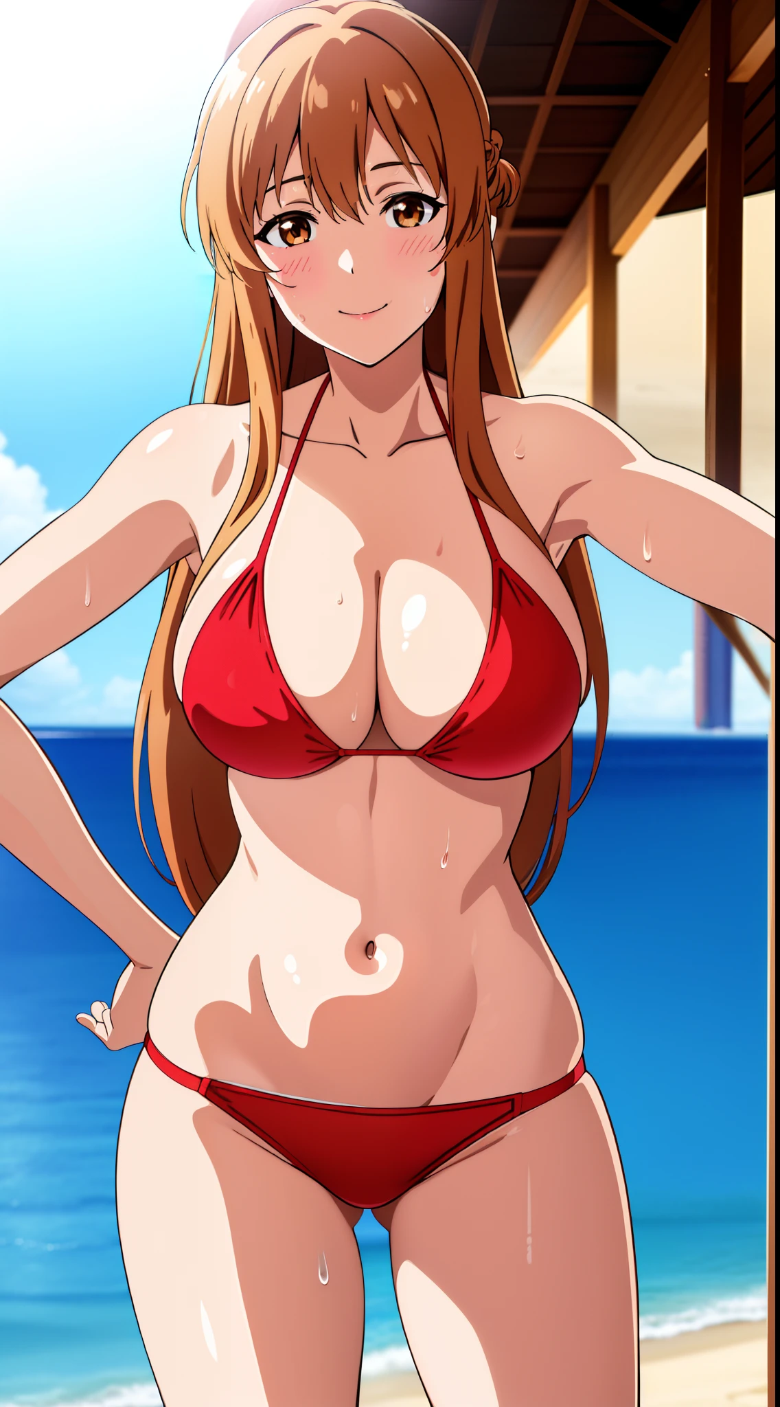 (best quality:1.5, highres, UHD, 4K, detailed lighting, shaders), asuna yuuki, light brown long hair, busty, bikini, standing, sweaty, pov, close shot, smiling, beach background