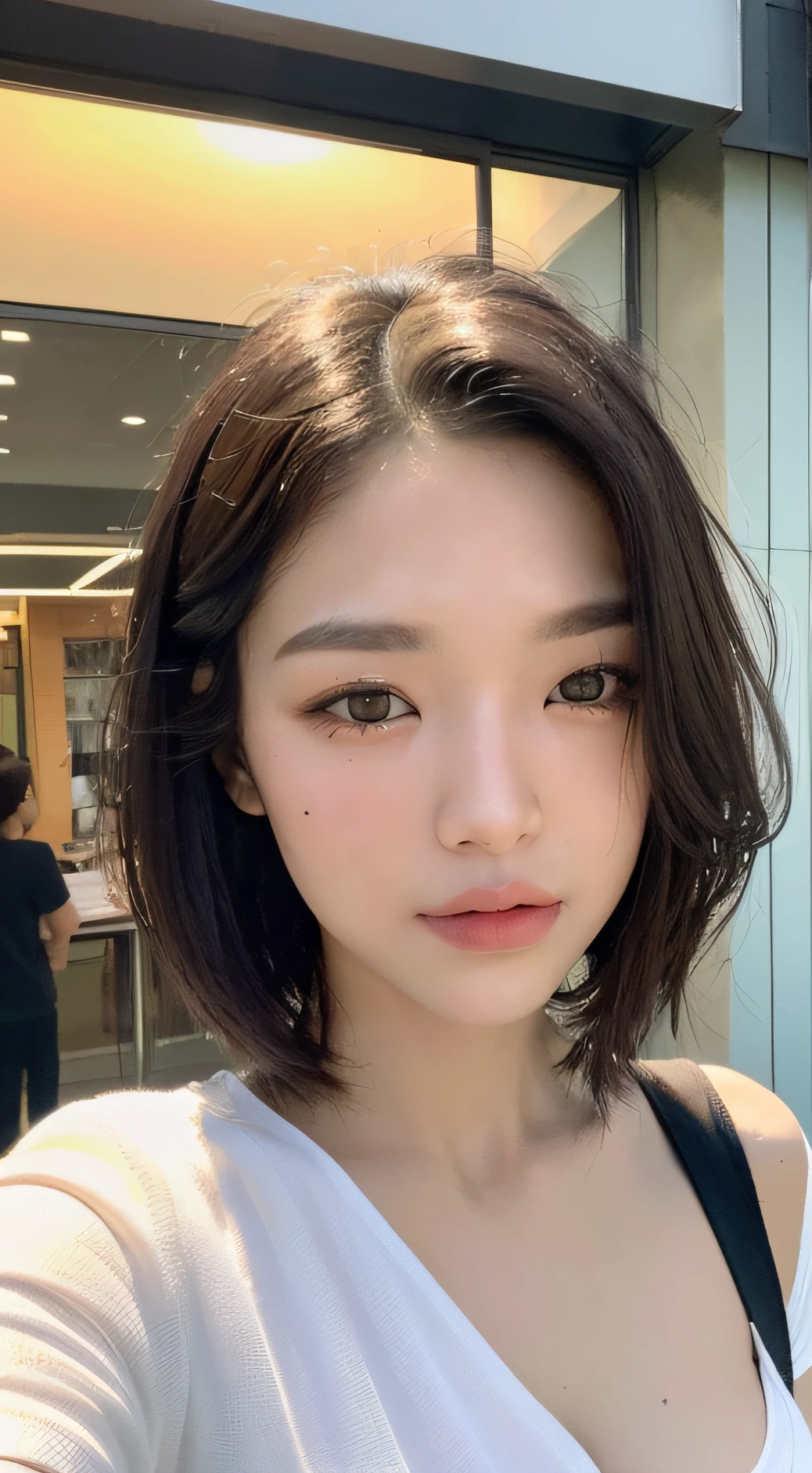 ((Bestquality, 8k, a masterpiece:1.3)), Perfect body beauty:1.4 pcs, (Short to medium hair, Large breasts:1.2), (Wet white shirt：1.5），（rainy，the street：1.2），（wet body：1.5），Highly detailed facial and skin texture，Detailed Eyes, Double eyelid Eyes look into the camera，Seven doppelgangers，The two breasts are squeezed together，exquisite face, passport photo, close up face, realistic skintone, not sideview face. front facing